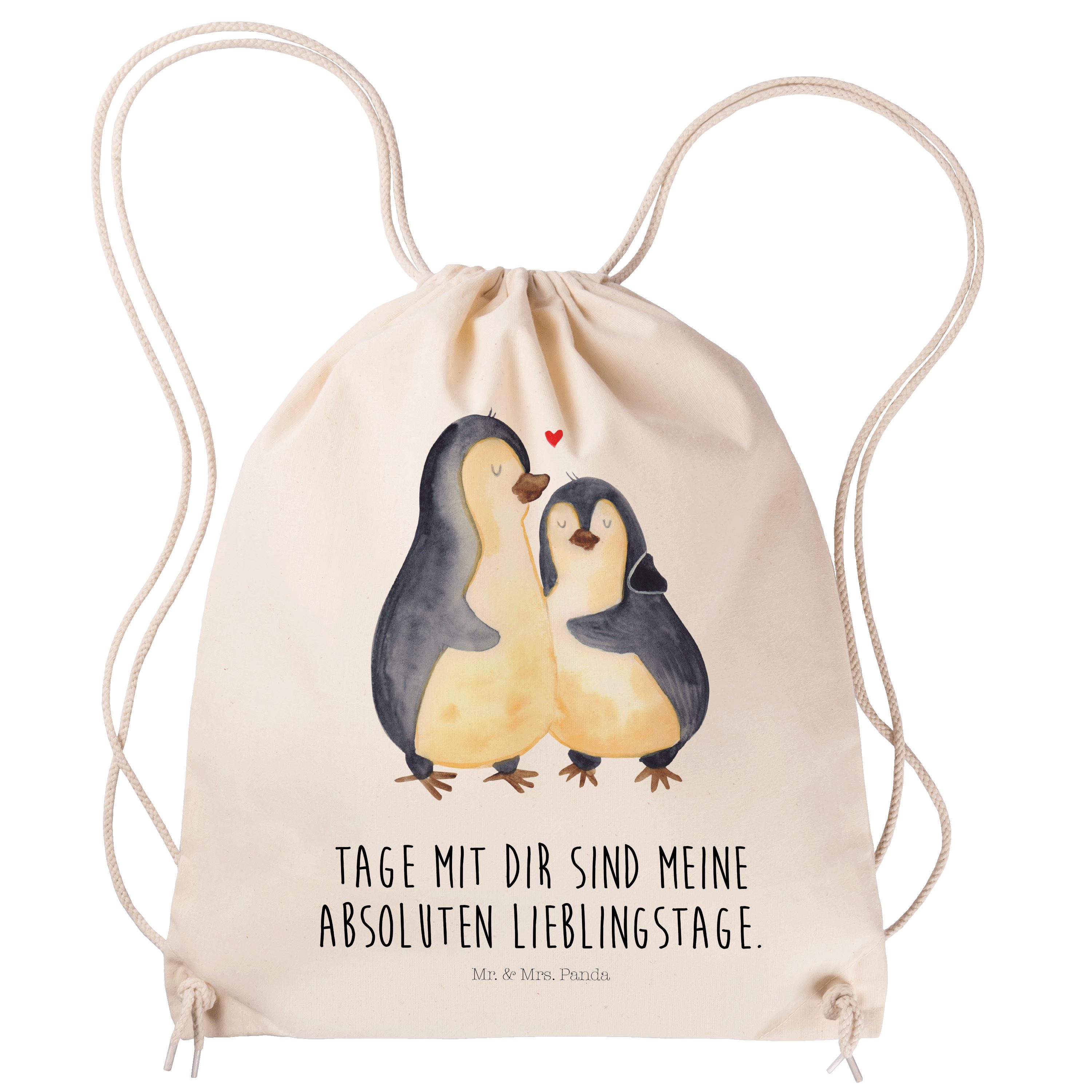 Mr. & Mrs. Panda Sporttasche Pinguin umarmen, Jutebeutel, Transparent, Paar, Hochzeitsgeschenk, Ho (Packung, 1-tlg)