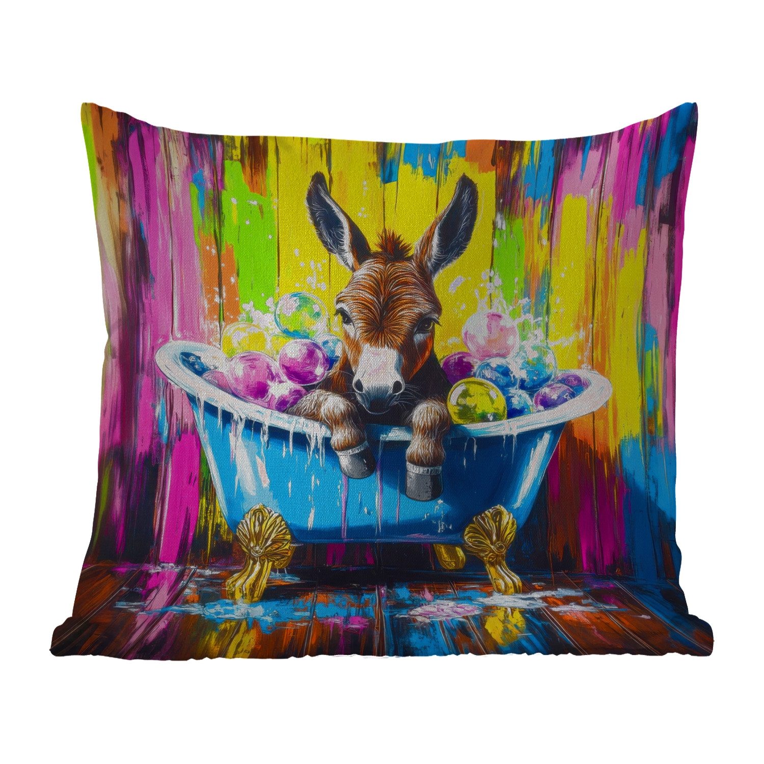 MuchoWow Dekokissen Esel - Badewanne - Rosa - Schaumstoff, Kissenhülle für den Außenbereich, Outdoor, Kissen, 60x60 cm