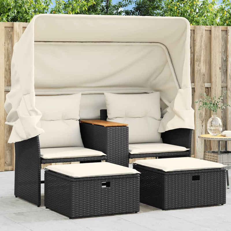 vidaXL Loungesofa Gartensofa 2-Sitzer mit Dach und Hockern Schwarz Poly Rattan, 1 Teile