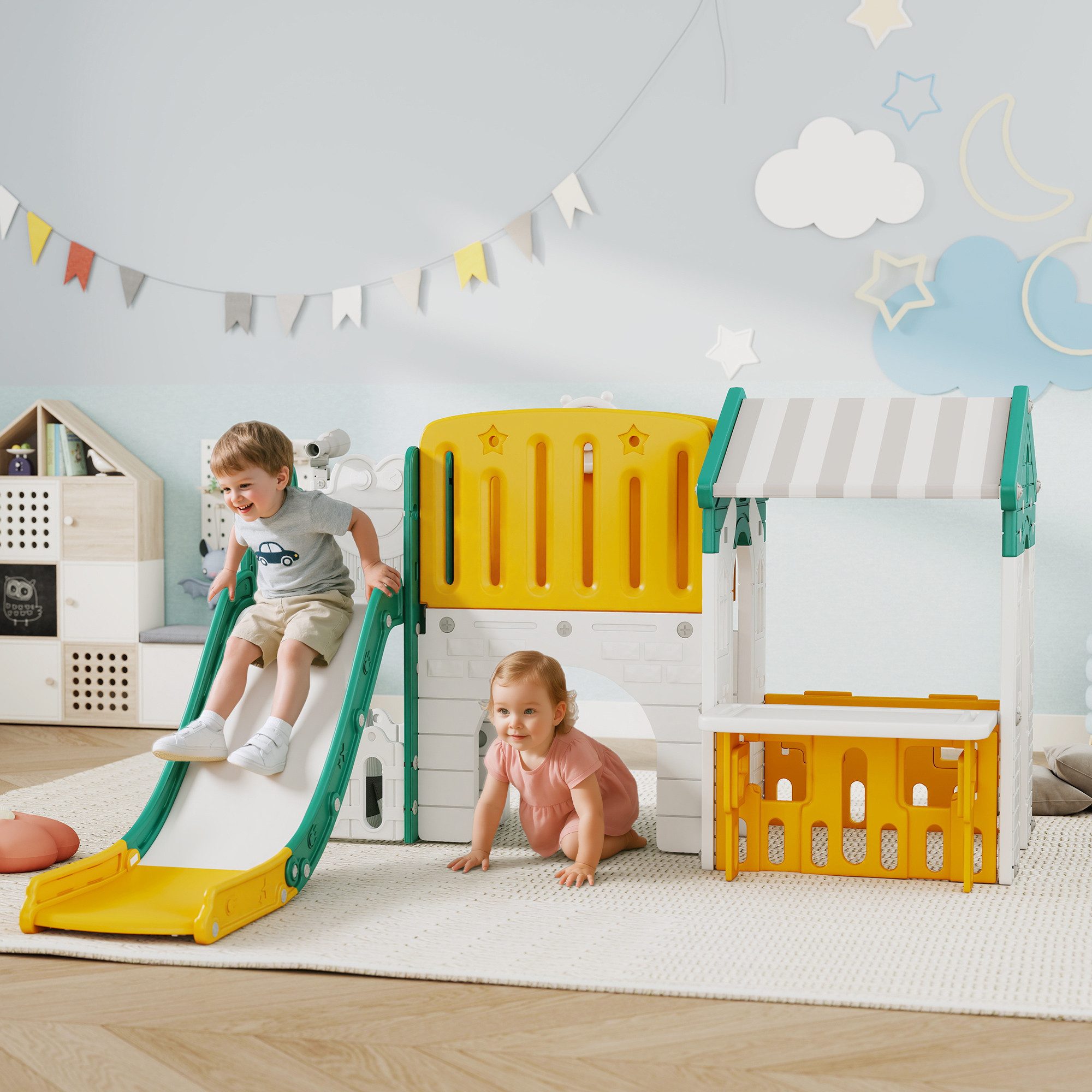 AIYAPLAY Rutsche 7 in 1 Spielplatz, (Gartenrutsche, 1-tlg., Babyrutsche), für Kinder 1-4 Jahre, Gelb+Grün