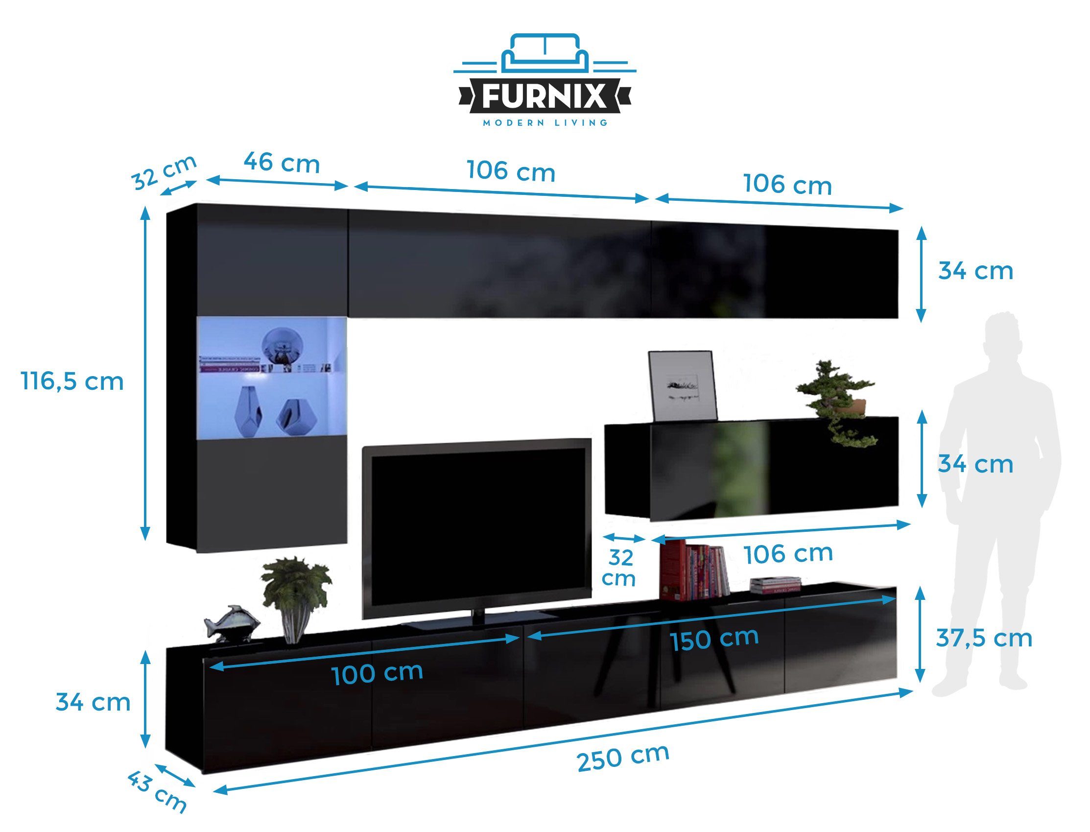 Furnix TV-Wand PUNE 4 Mediawand, Breite 260017652787 Wohnwand Auswahl, Möbelwand, cm, m Hochglanz 6 Schwarz teilig Glanz 2,55