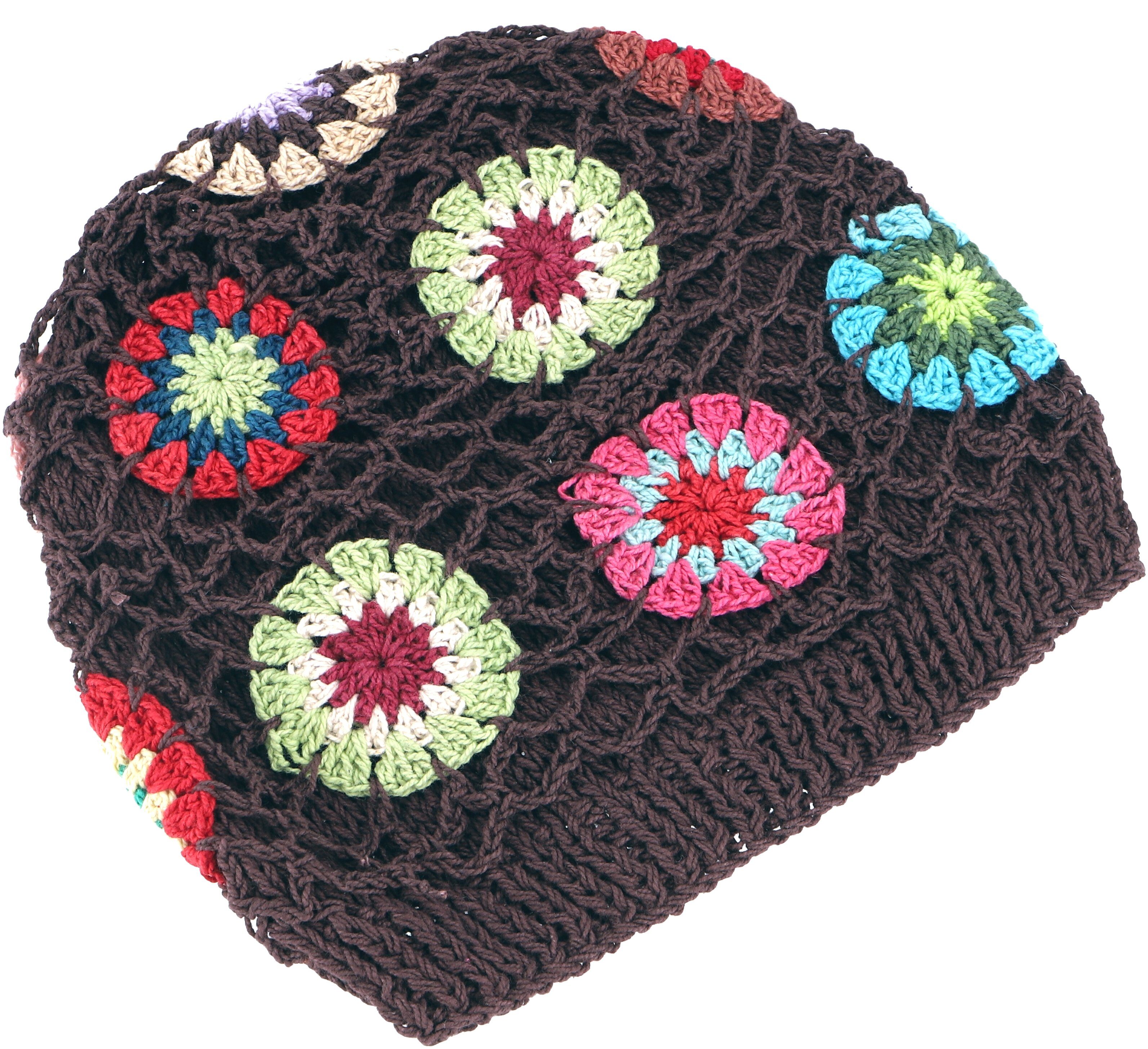 Guru-Shop Strickmütze Bunte Granny braun Beanie, squere.. Baumwoll-Häkelmütze