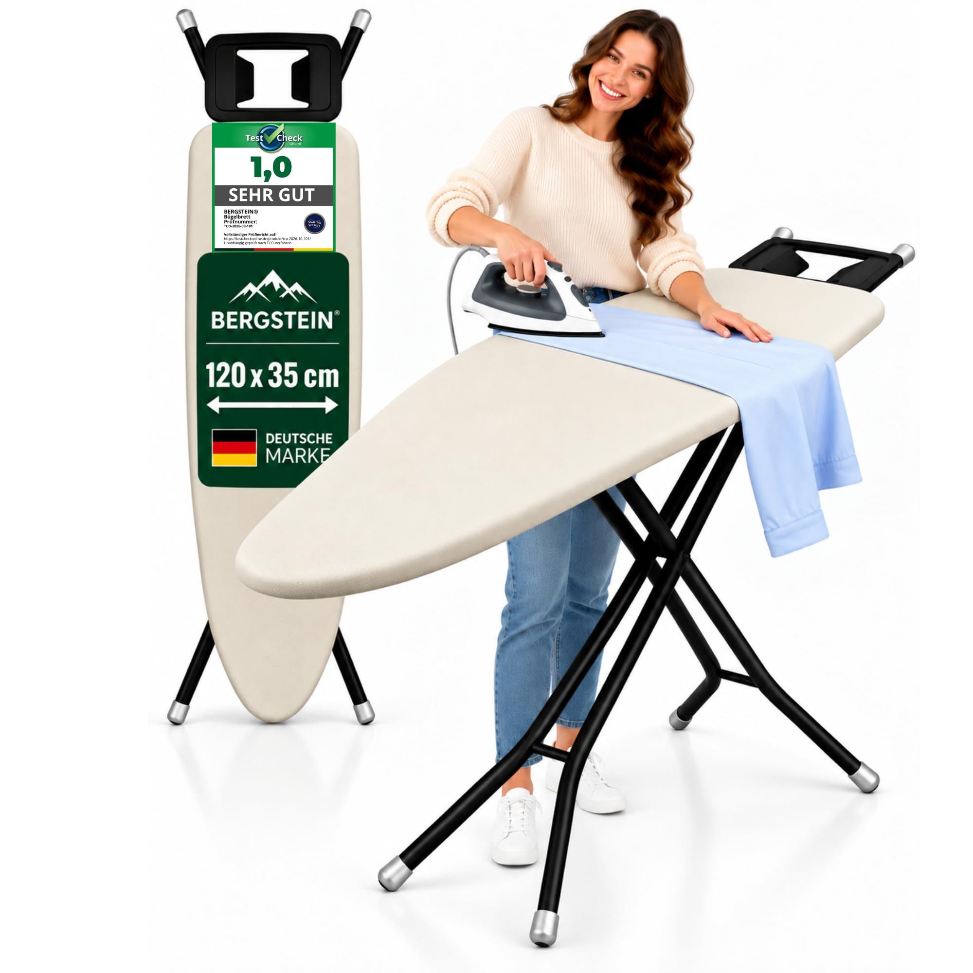 Bergstein Bügelbrett [120 x 35 cm] stufenlos höhenverstellbar 70-90 cm klappbar nur 4,5 kg, Bügelfläche 120,00x35,00 cm, stufenlos 70-90 cm, Y-Gestell aus Stahlrohr, Baumwollbezug, 4,5 kg