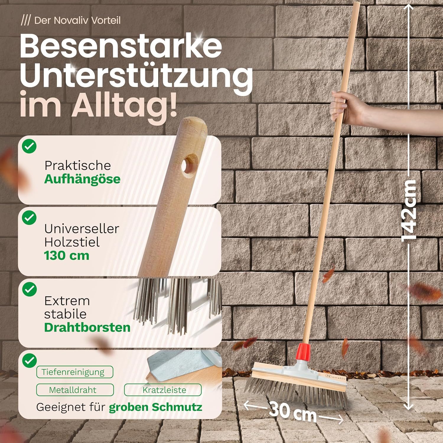 Novaliv Kehrgarnitur 30763-20064-1x, (1-tlg), Novaliv Robuster Drahtbesen mit Stiel - Stahlbesen mit Holzstiel, Effi