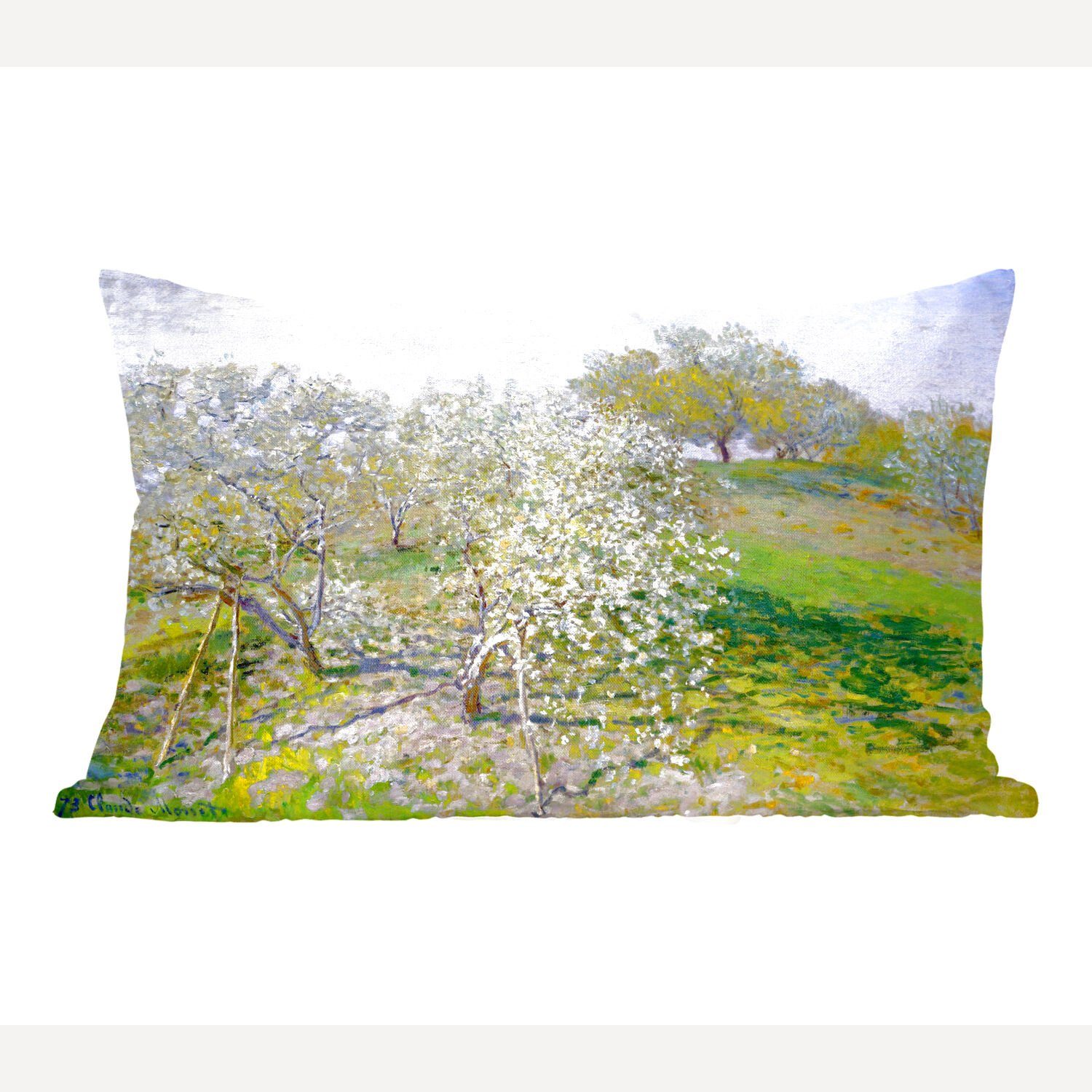 Dekokissen Dekokissen Wohzimmer Apfelbäume Füllung, Schlafzimmer von Blühende Monet, MuchoWow Gemälde mit - Zierkissen, Dekoration, Claude