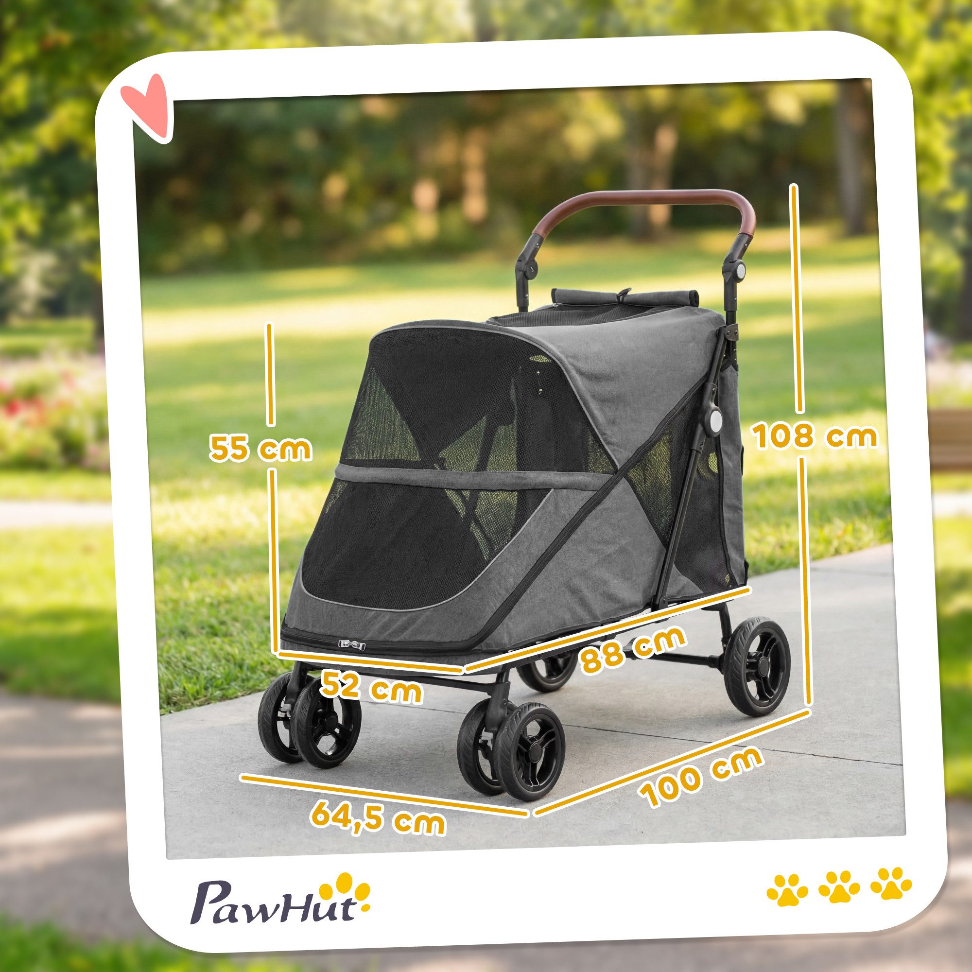 PawHut Hundebuggy Faltbar Hundetrolley mit 360°Drehrädern Kissen Verstellbarer Griff, (Hundewagen, 1-tlg), für große mittelgroße Hunde bis 30 kg Grau