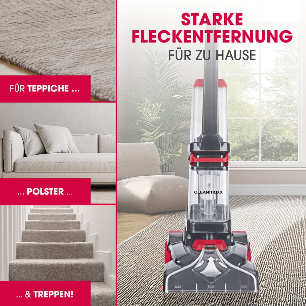CLEANmaxx Teppichreinigungsgerät Teppichreiniger AquaStream Plus 3 in 1: waschen, reinigen, absaugen, 800 W, 800W grau/rot Professional mit Teppichshampoo & Ersatzbürste