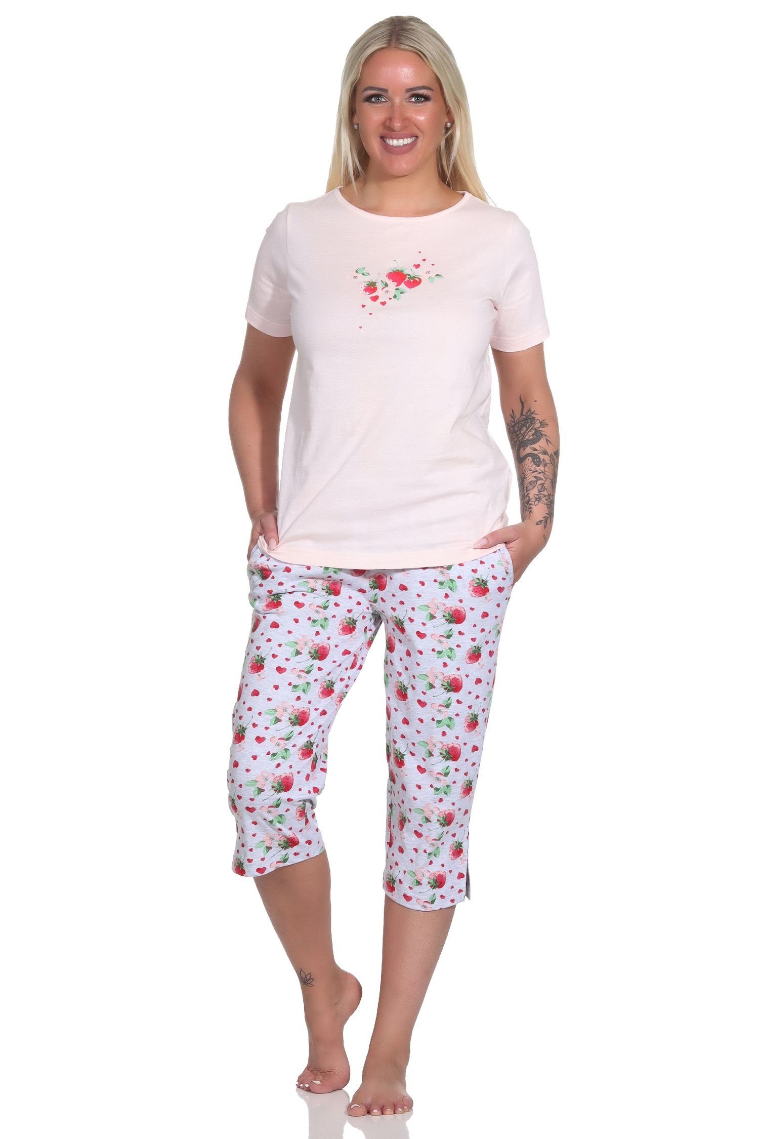 Normann Pyjama Süsser kurzarm Damen Capri Schlafanzug mit Erdbeeren als Motiv rosa
