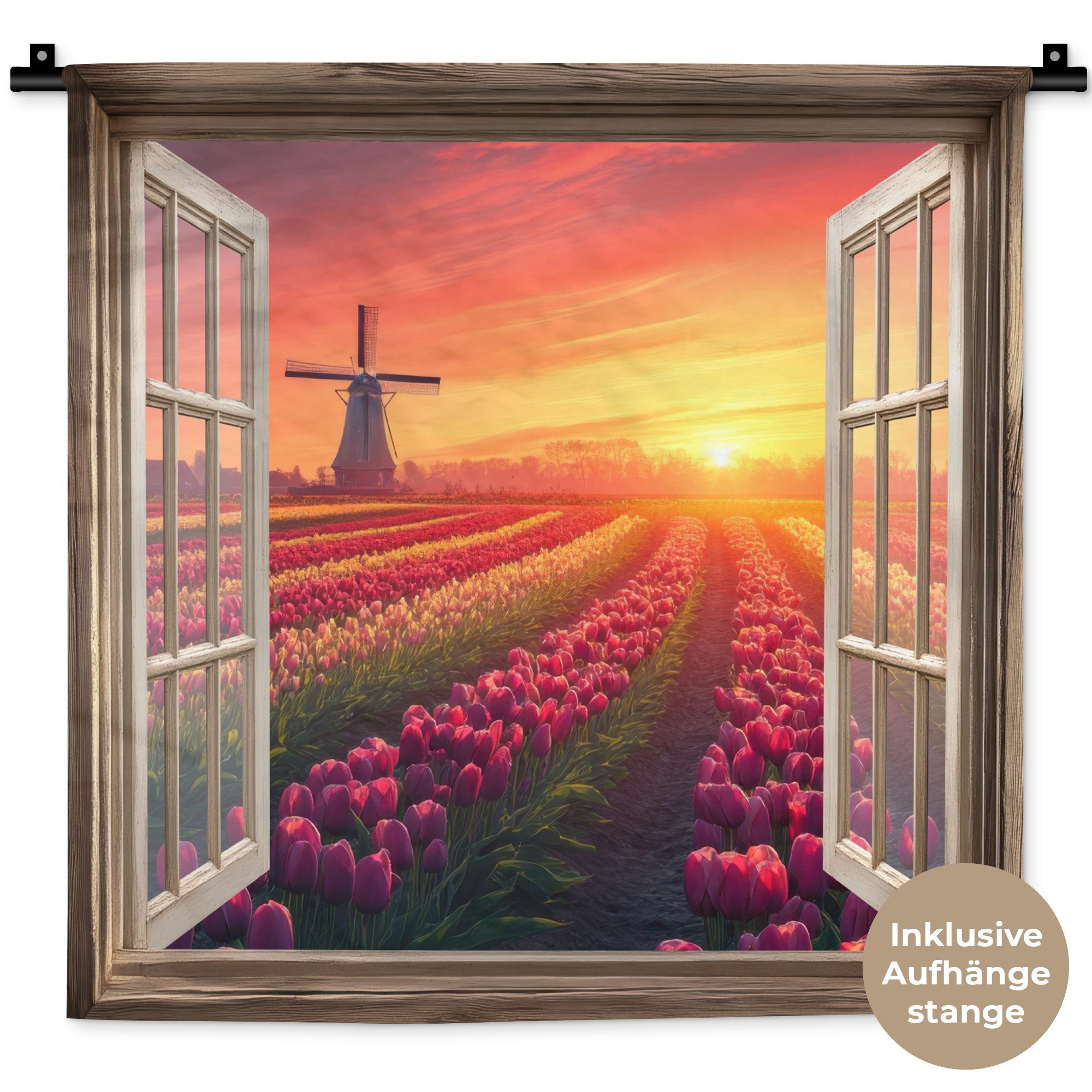 MuchoWow Wandteppich Ausblick - Tulpen - Sonnenuntergang - Blumen - Bunt, Quadratisch, Höhe: 3 mm, Wand Teppich, Deko für an den Wand, 60x60 cm