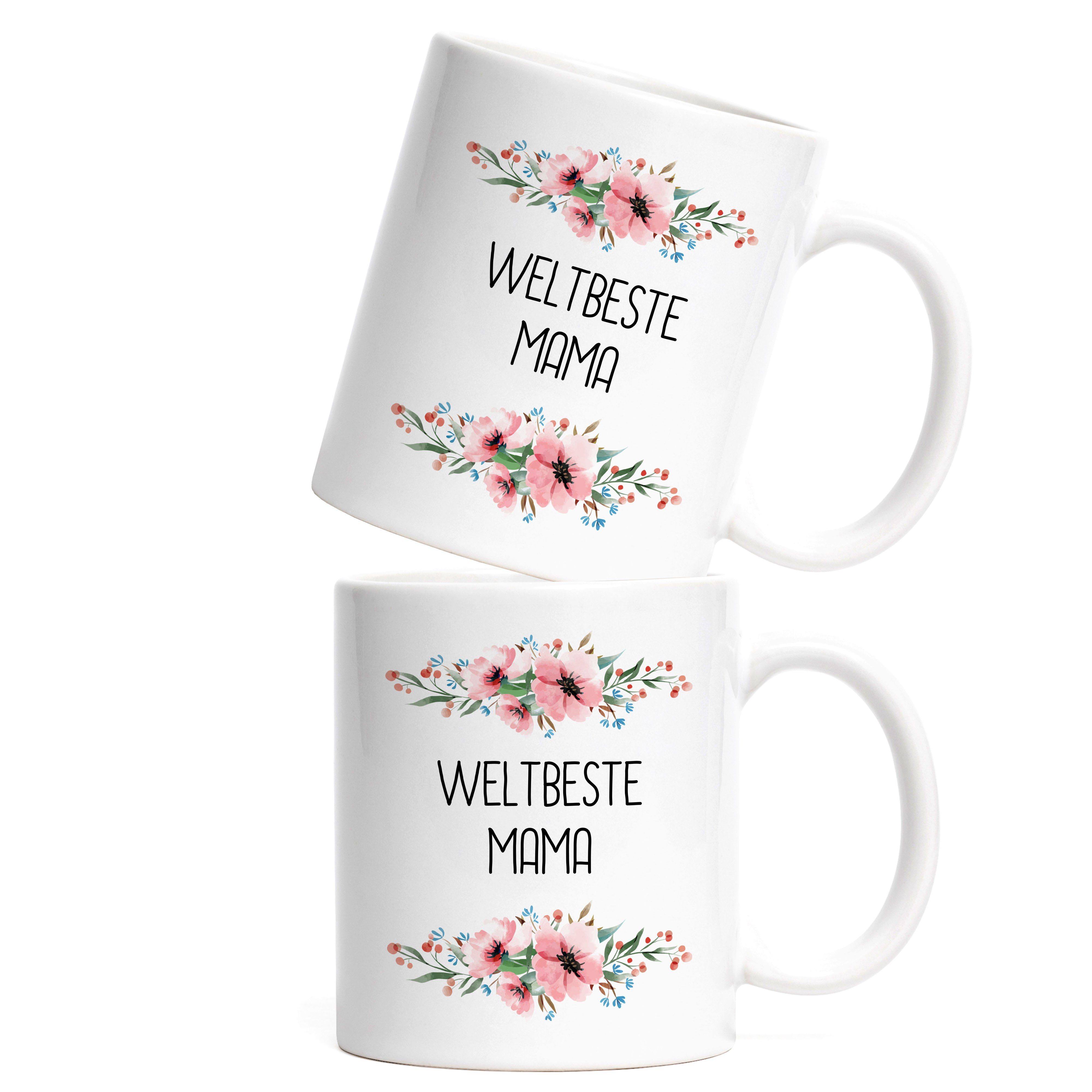 Hey!Print Tasse Weltbeste Mama Tasse Mutterliebe Geburtstag, Geschenkidee Blumenmotiv Keramik Muttertag Weiß
