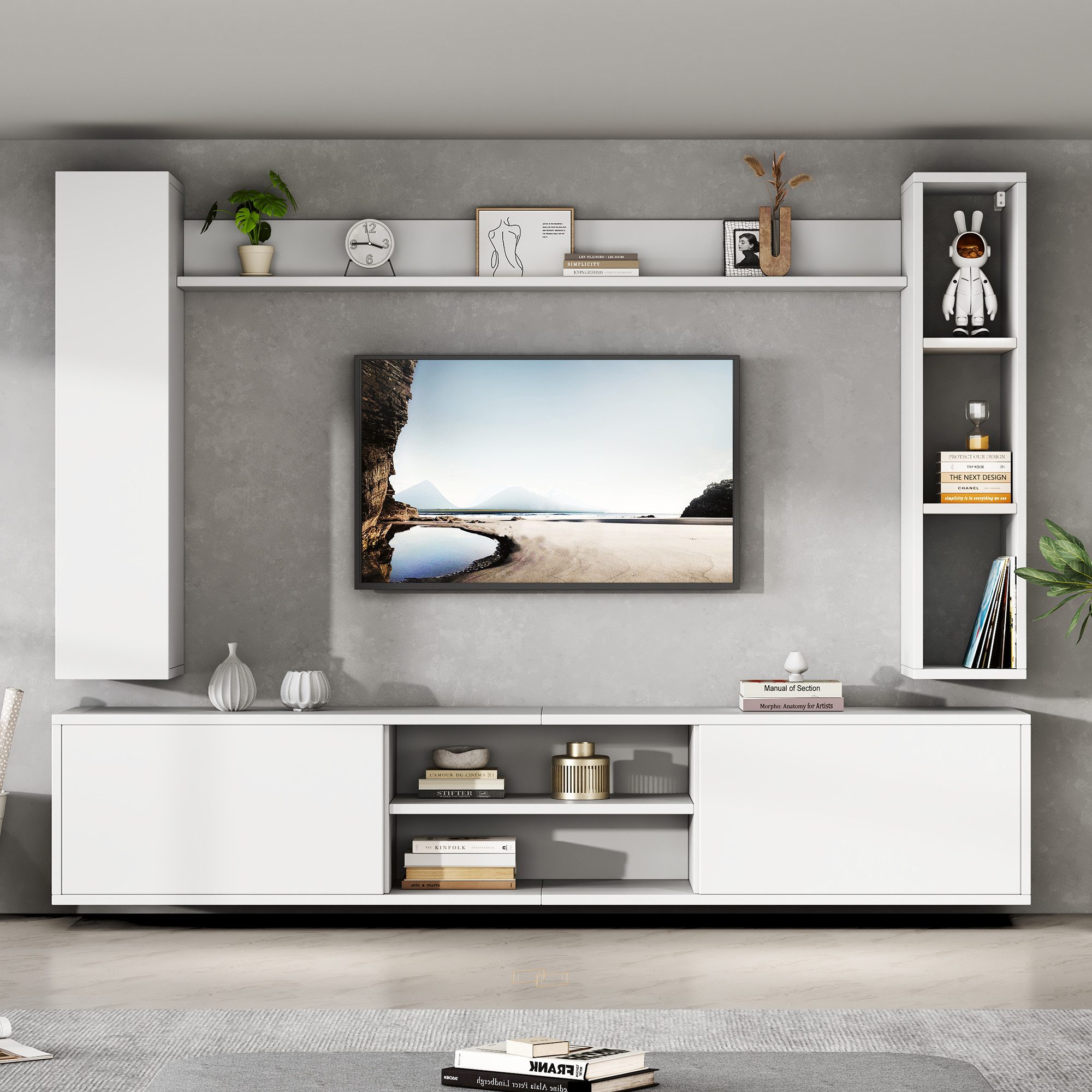 REDOM Wohnzimmer-Set 2 Wandschränke und Wandregal, (Wohnzimmermöbel-Set, 4-St., TV-Board, Standregal und Wandregal), stehend oder hängend,TV bis 80 Zoll