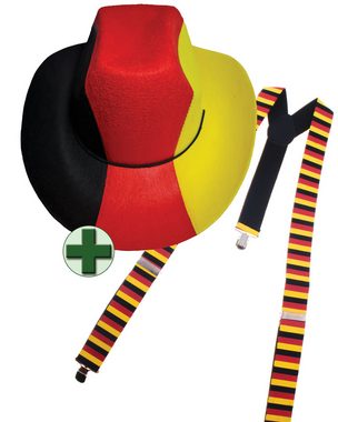 Karneval-Klamotten Kostüm Deutschland Hut mit Hosenträger schwarz rot gold, Weltmeisterschaft WM EM Fan Artikel Fußball Party