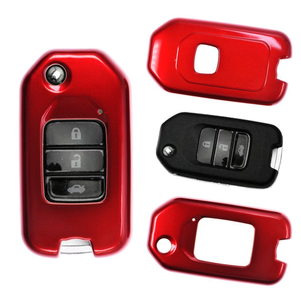 mt-key Schlüsseltasche Autoschlüssel Hardcover Schutzhülle Metallic Rot, für Honda Civic Jazz CR-V HR-V NSX Klappschlüssel