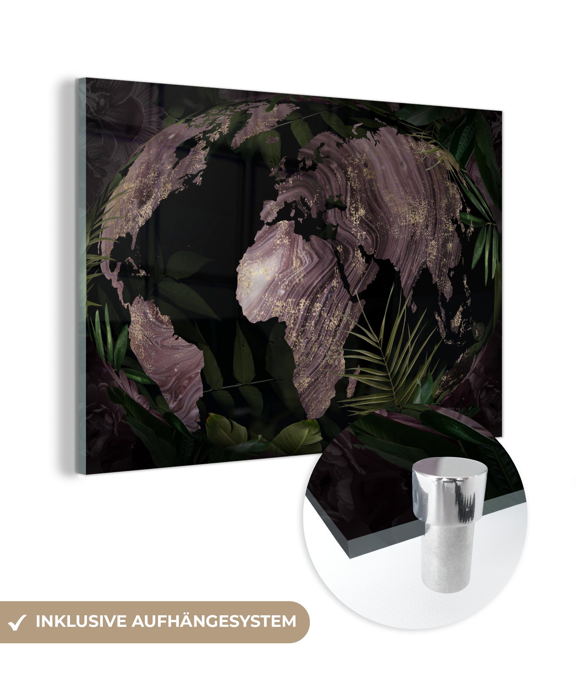 MuchoWow Acrylglasbild Weltkarte - Lila - Gold, (1 St), Glasbilder - Bilder auf Glas Wandbild - Foto auf Glas - Wanddekoration