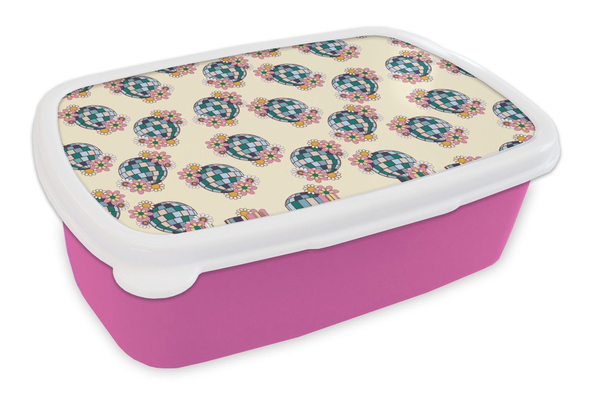 MuchoWow Lunchbox Retro - Disco - Blumen - Discoball, Kunststoff, (2-tlg), Brotdosen, Lunch Box, Brotbox für Kinder und Erwachsene
