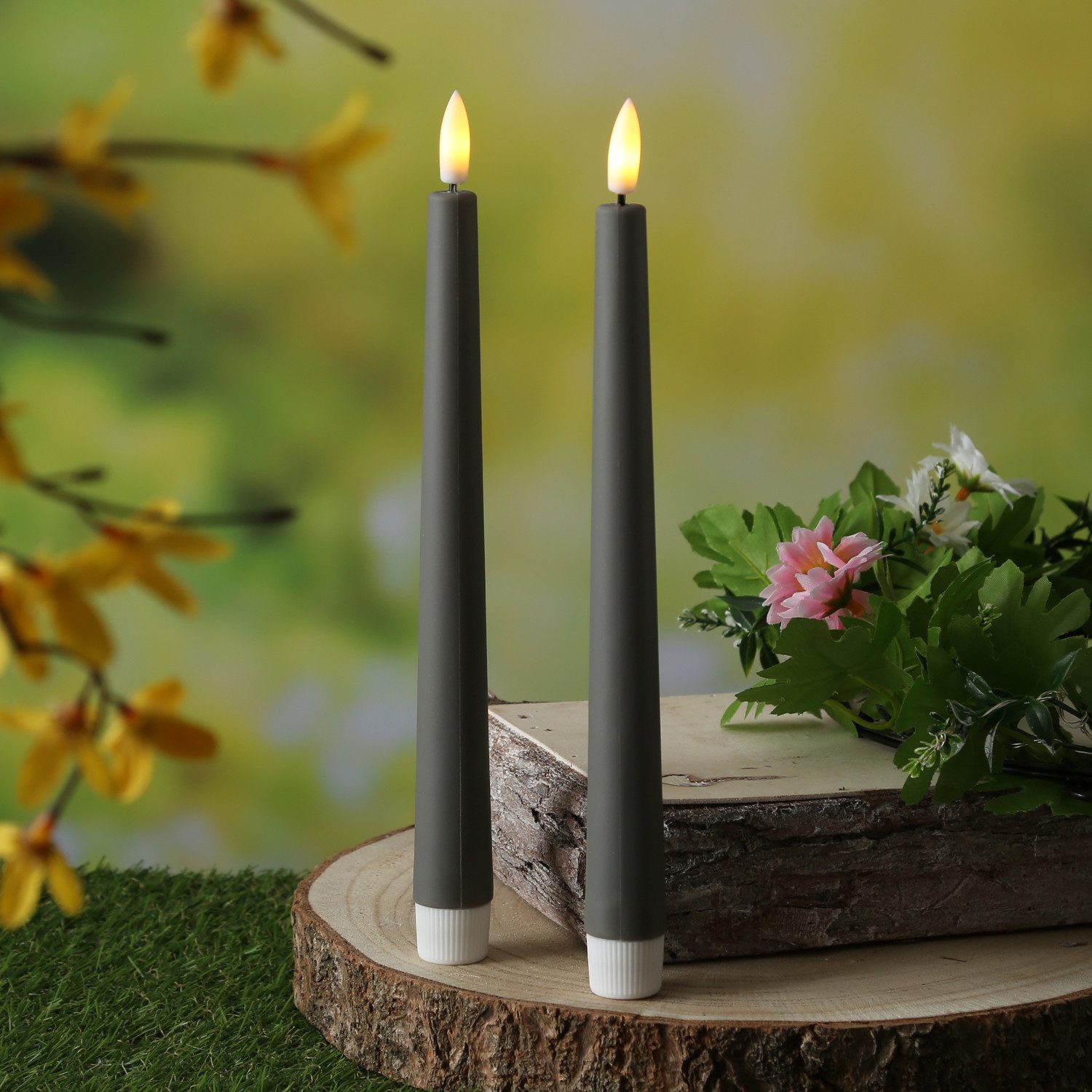 MARELIDA LED-Kerze LED Stabkerzen Outdoor Tafelkerzen Timer H: 25,5cm grau 2er Set, LED Classic, warmweiß (2100K bis 3000K)