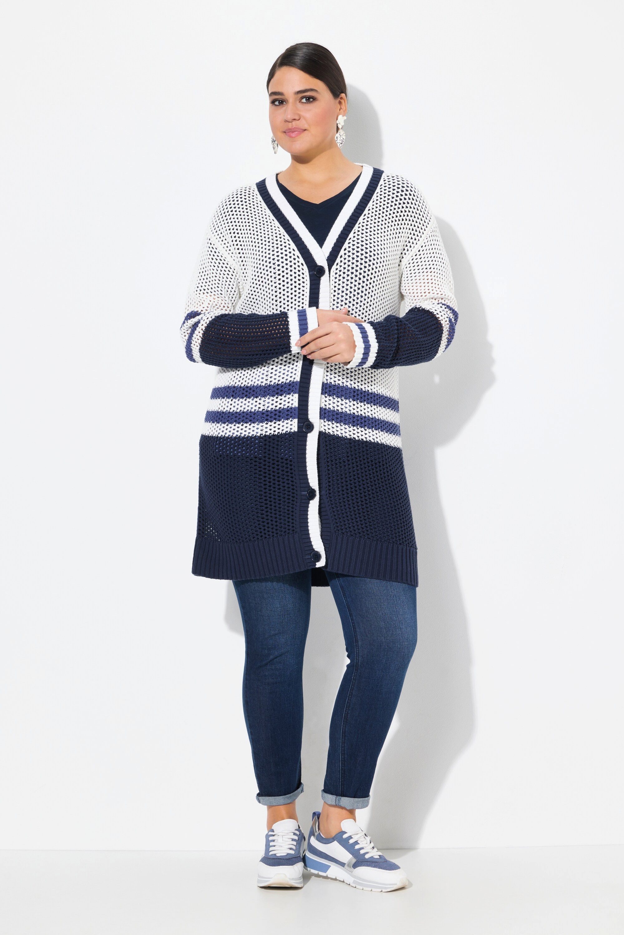 Ulla Popken Strickjacke Long-Strickjacke Streifen V-Ausschnitt günstig online kaufen