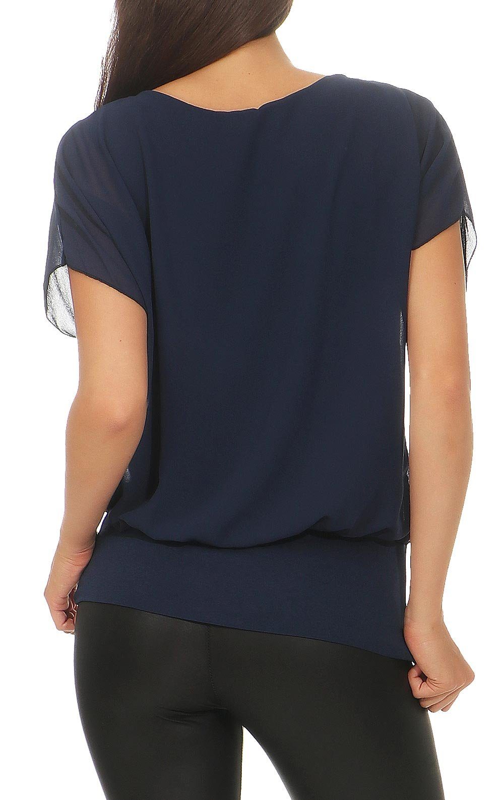 malito more than fashion Chiffonbluse malito Damen kurzarm Bluse im Fledermaus Look, Tunika mit Zipper, Kurzarm Bluse