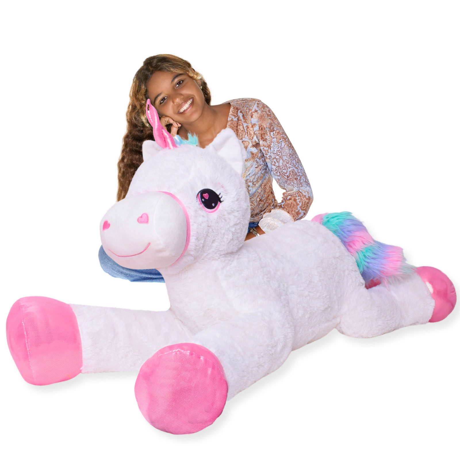 TE-Trend Kuscheltier Einhorn 120cm XXL Regenbogen Plüschtier Stofftier Pferd (gestickte Augen), mit Regenbogen Mähne und Schweif