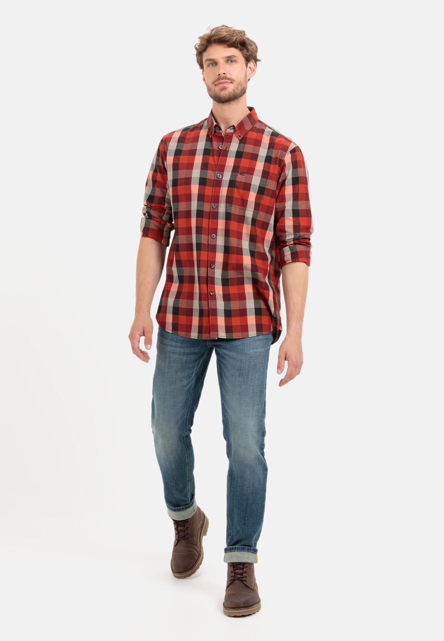 camel active Karohemd aus reiner Baumwolle Langarm Button-Down Button-Down