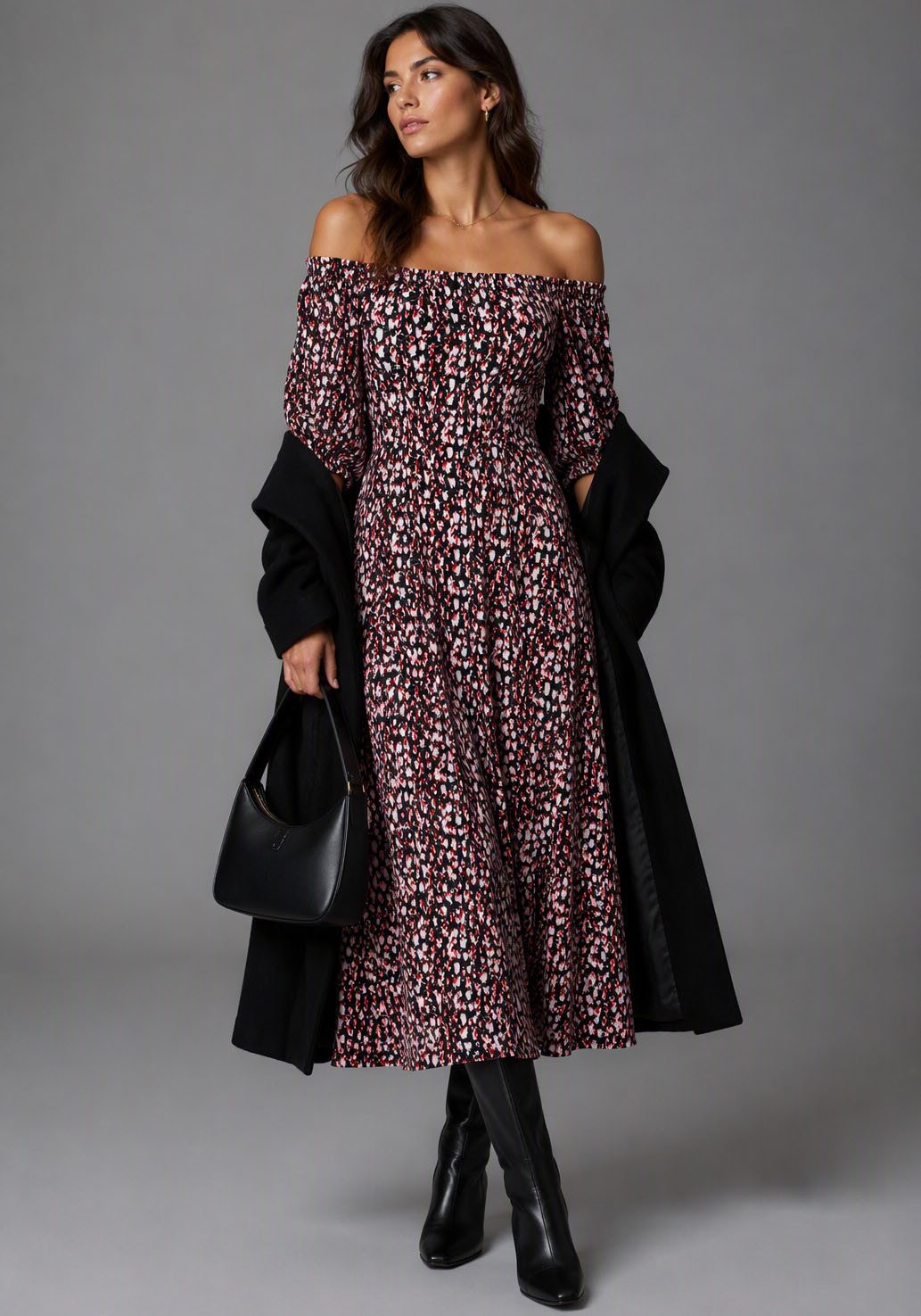 Bruno Banani Maxikleid mit Carmen-Ausschnitt und Halbarm, in geblümter Optik