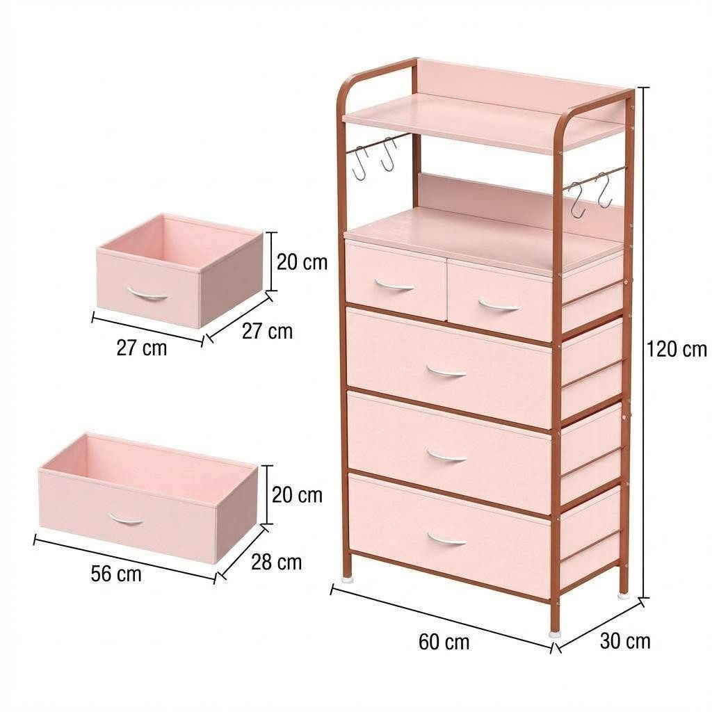 GarveeMore Kommode Schrank Aufbewahrungsschrank mit 5 Schubladen aus Stoff 60x30x120cm