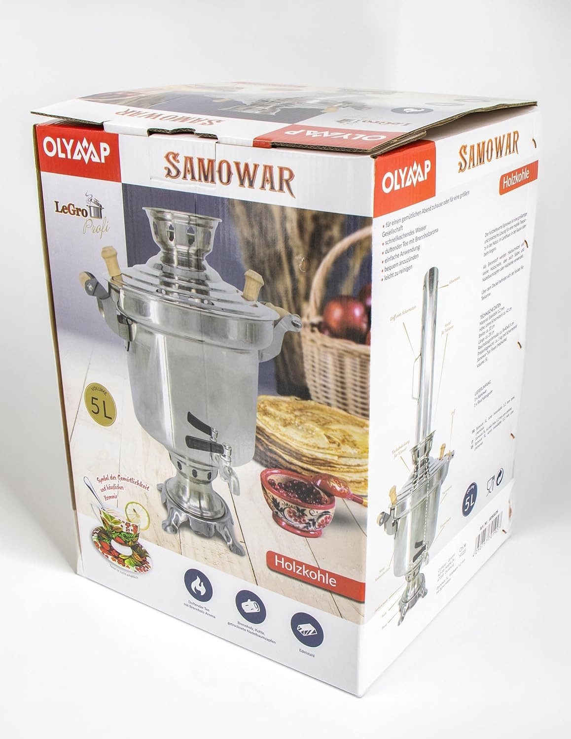 LeGro Profi Samowar Edelstahl Holzkohle Samowar 5Liter mit Schornstein + Optional Teekanne – Bild 4 von 5