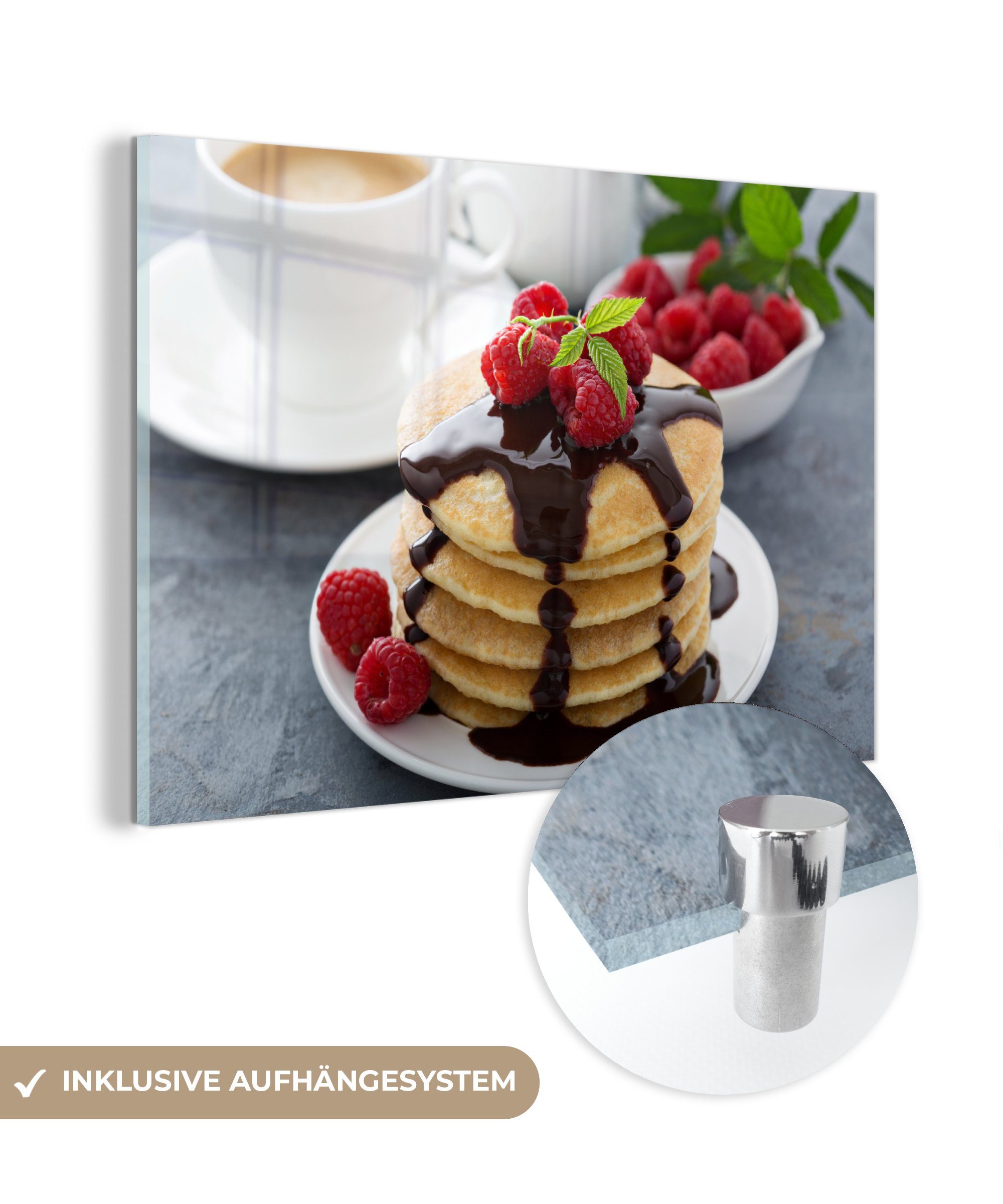 MuchoWow Acrylglasbild Die Schokoladensauce fließt von den Pfannkuchen, (1 St), Acrylglasbilder Wohnzimmer & Schlafzimmer | Bilder