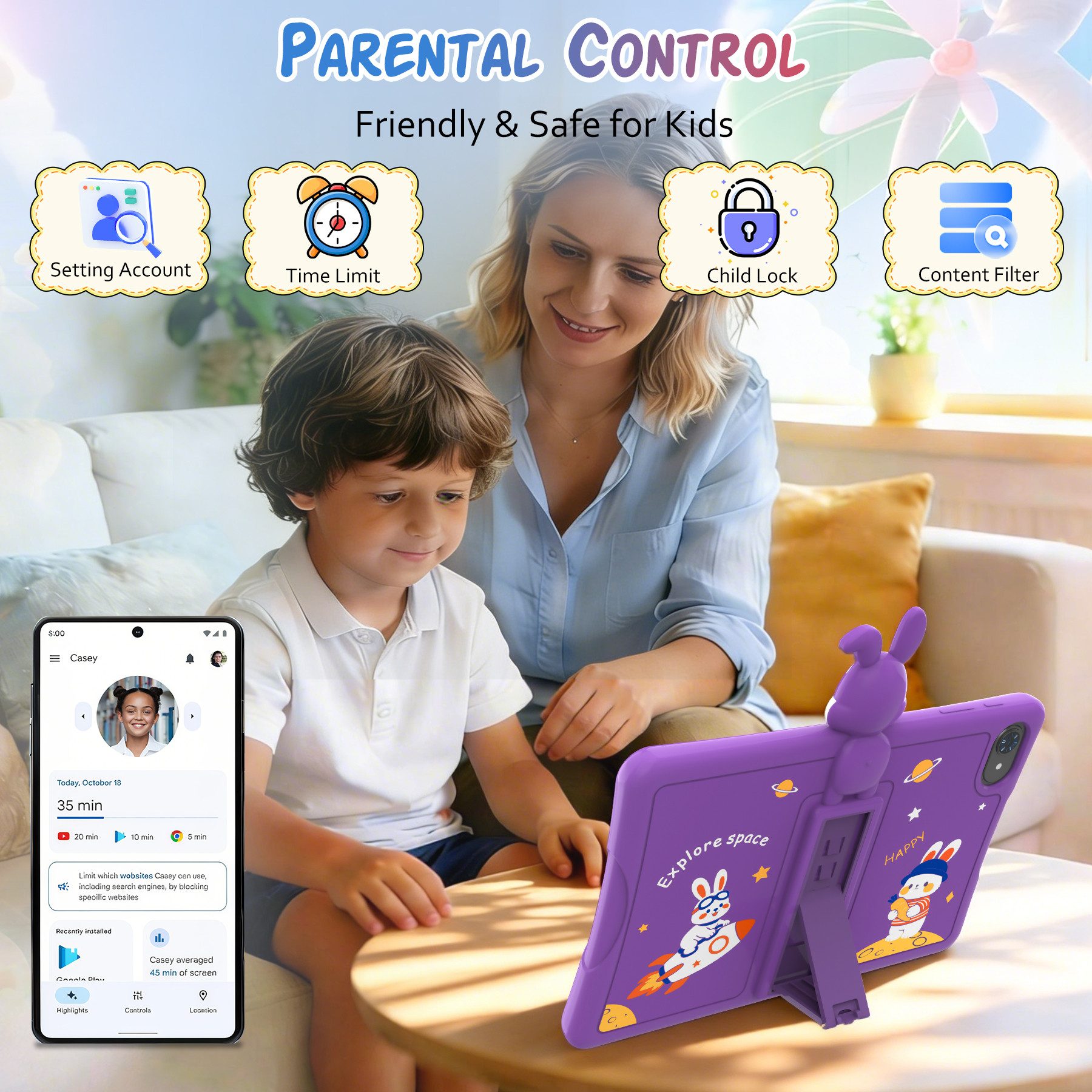 TABWEE 10.1'' Kids Android 64/128GB mit Stylus Tablet (10.1", 64 GB, Android 16, 5G wifi, Android 15, Google Kids Space, Gemini AI, mit Stift) – Bild 4 von 5