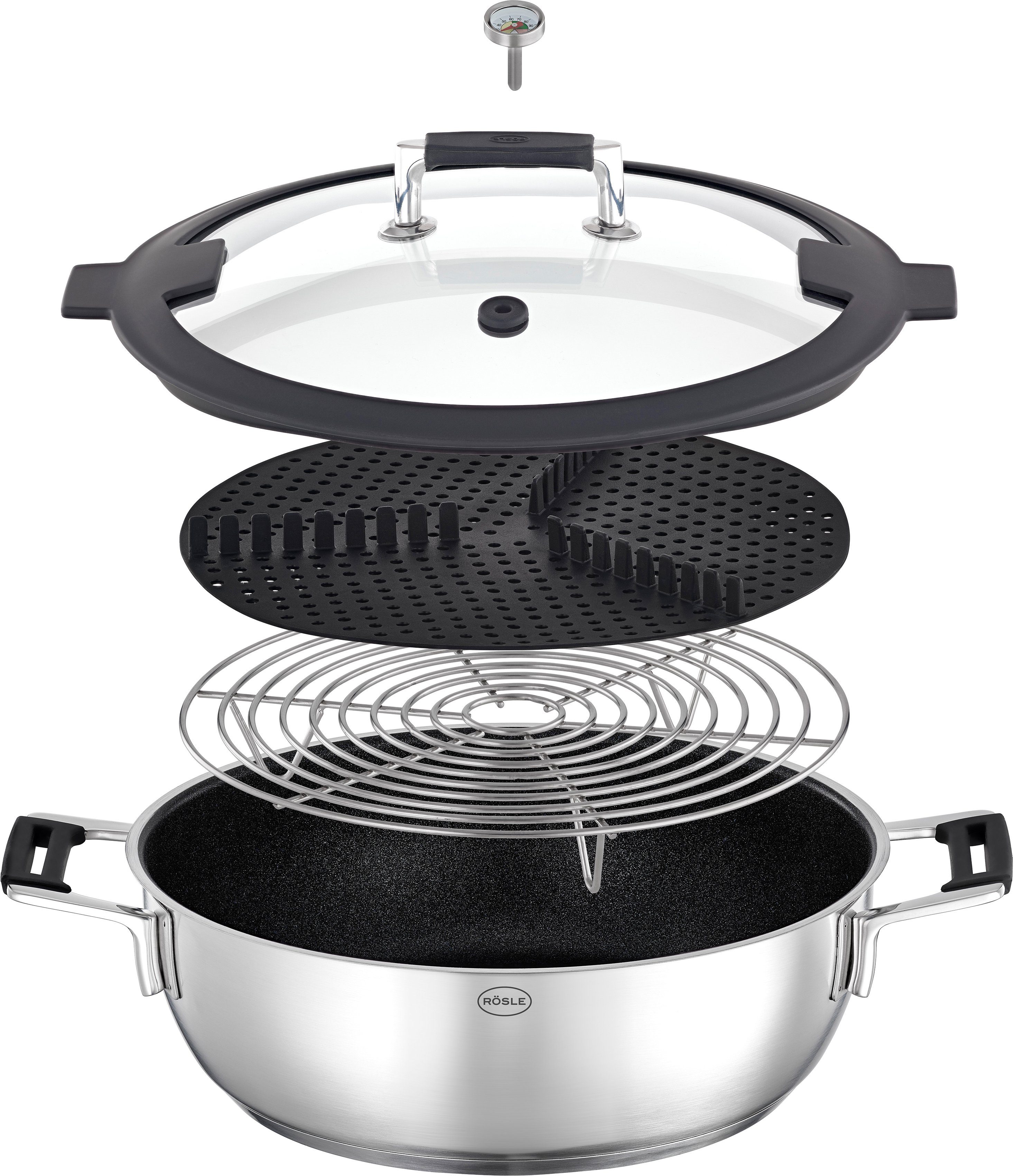 RÖSLE Dampfgartopf SILENCE PRO, Edelstahl 18/10, Dampfkochtopf mit Deckelthermometer und Ablagerost, Induktion