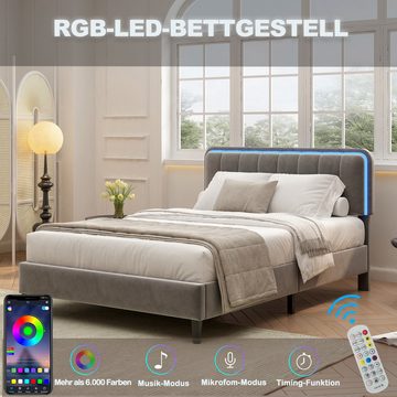 MODFU Polsterbett mit farbwechselnden LED-Lichtern, Samtstoff, mit Lattenrost (Doppelbett Jugendbett Flachbett 140*200 cm), ohne Matratze