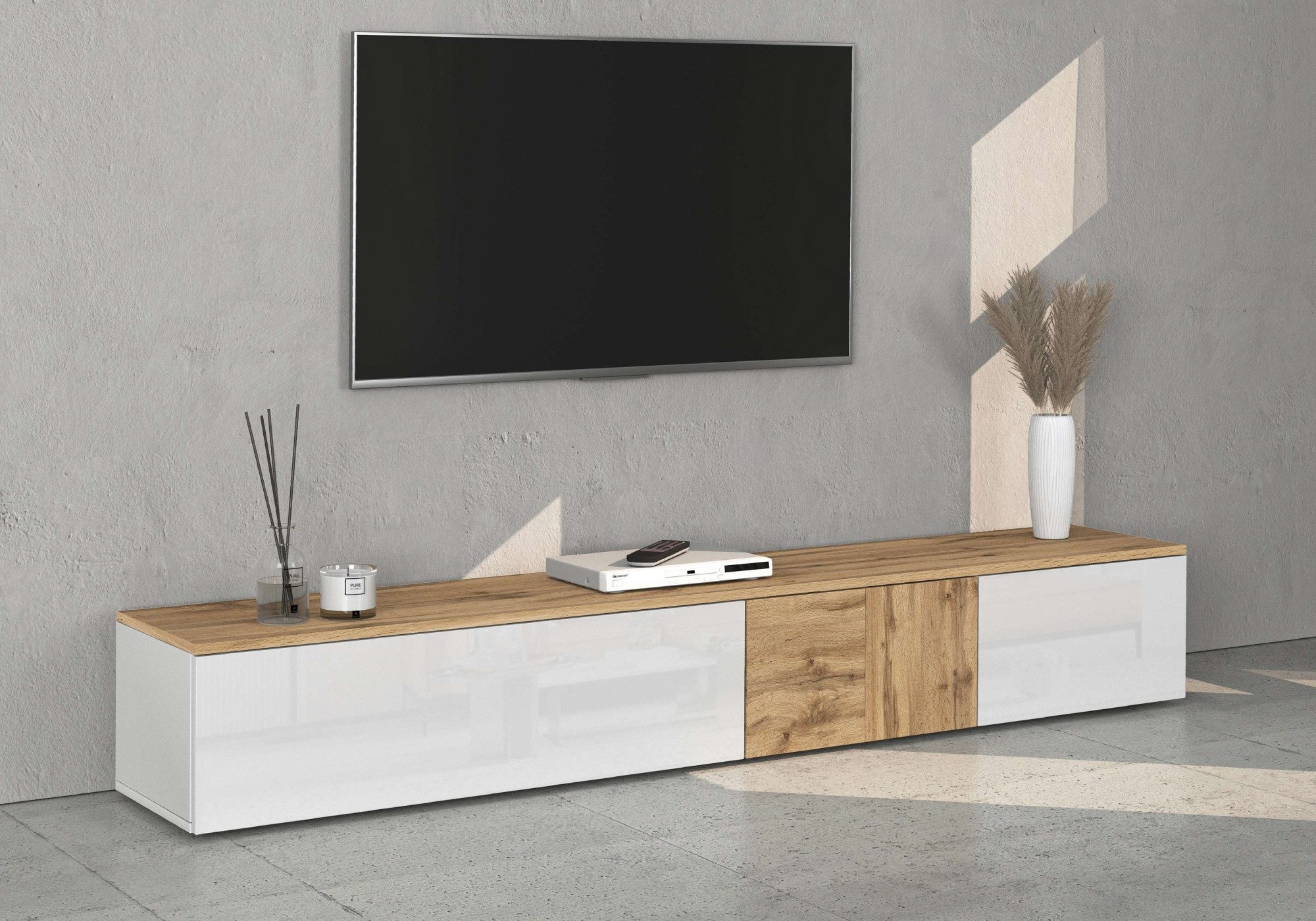 OTTO home Lowboard ISEO, TV-Kommode,TV-Möbel,TV-Bank, 3 Fächer, Breite 210 cm (1 St), stehend/hängend, 1 Klappe, 2 Türen Hochglanz lackiert, Made in Italy