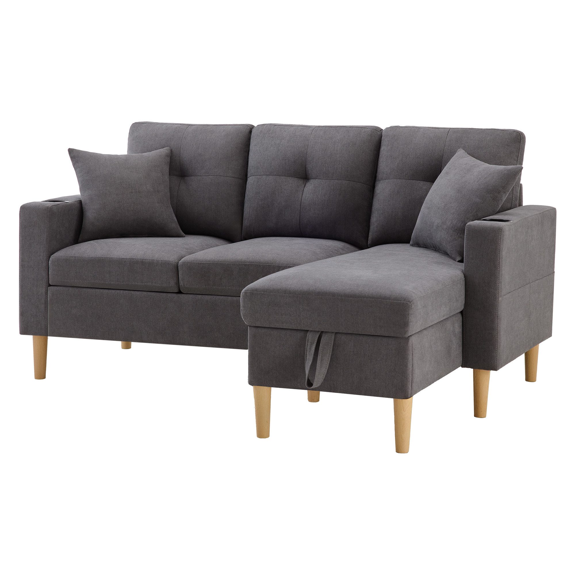 OKWISH Ecksofa L-förmiges 3-Sitzer-Sofa, Freizeitsofa, mit integriertem Getränkehalter, 2 Kissen