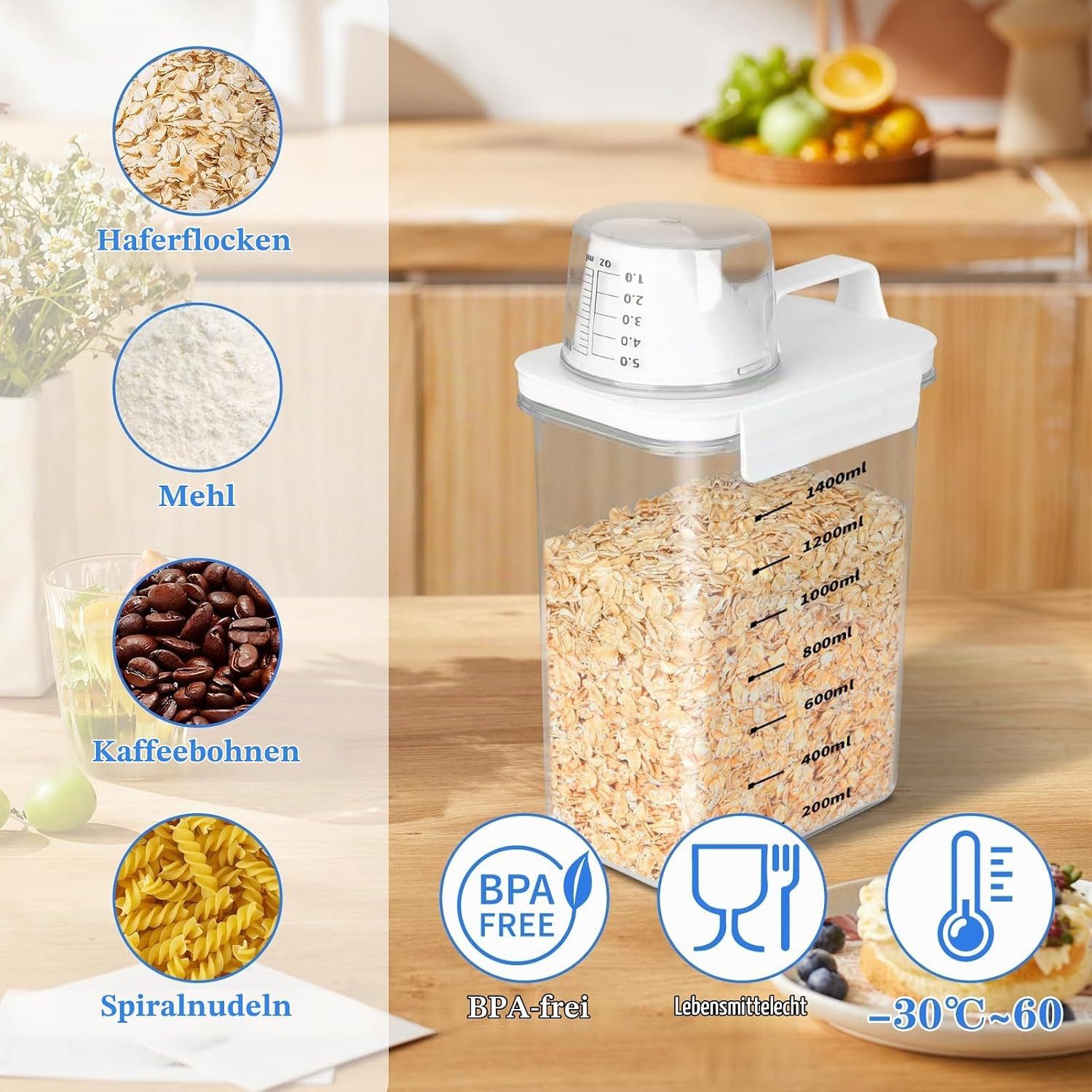 LEMLIT Aufbewahrungsbox 2 Stück 1800ML Luftdichter Waschmittelspender mit Messbecher (2 Stück, 2 St., 1800ML), Waschmittelbox Vorratsbehälter für Waschmittel Wa – Bild 2 von 5