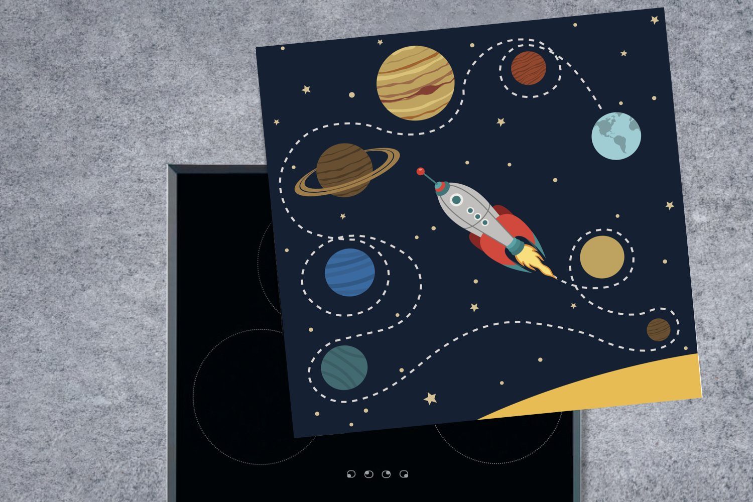 Vinyl, 78x78 einer cm, fliegt, für Illustration das Sonnensystem tlg), Eine Rakete, Herdblende-/Abdeckplatte küche MuchoWow die Ceranfeldabdeckung, durch Arbeitsplatte (1