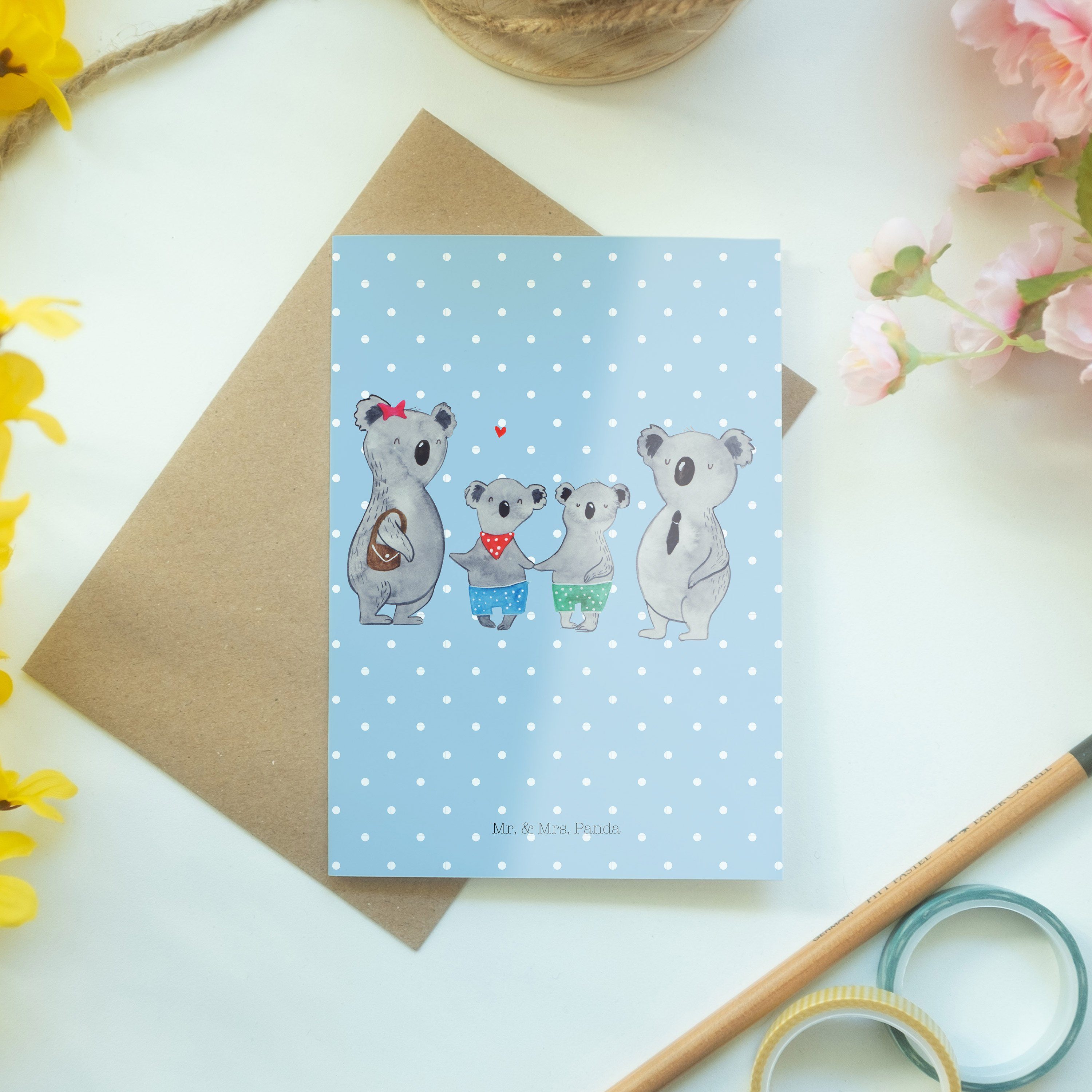 Grußkarte - Geschenk, Panda Mrs. Pastell Familie Blau Glückwunschka & Mr. Koalabär, Koala - zwei