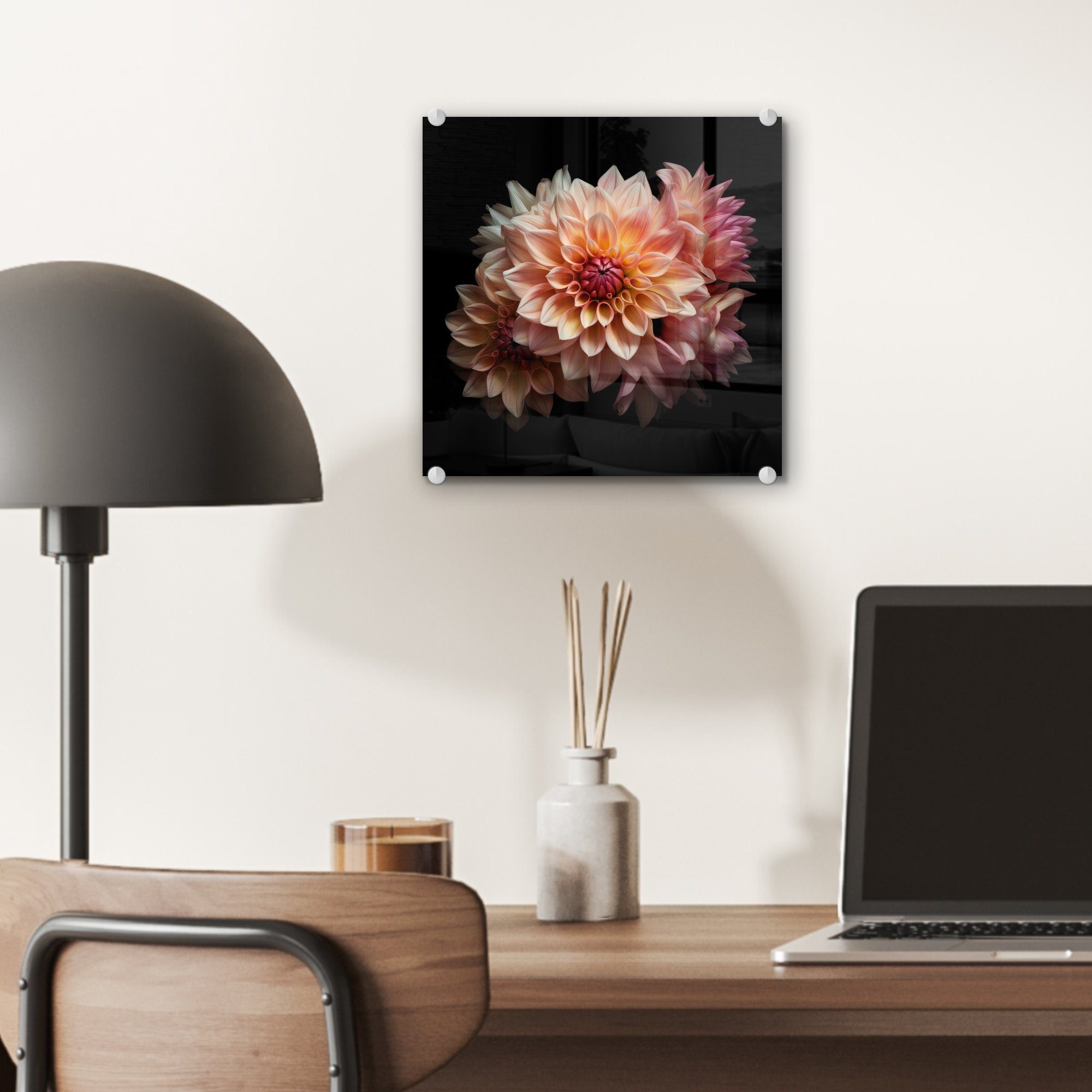 MuchoWow Acrylglasbild Dahlie - (1 - Glas St), Botanisch, Schwarz Wandbild Foto Blumen Glasbilder - Wanddekoration auf - - - - Rosa auf Glas Bilder