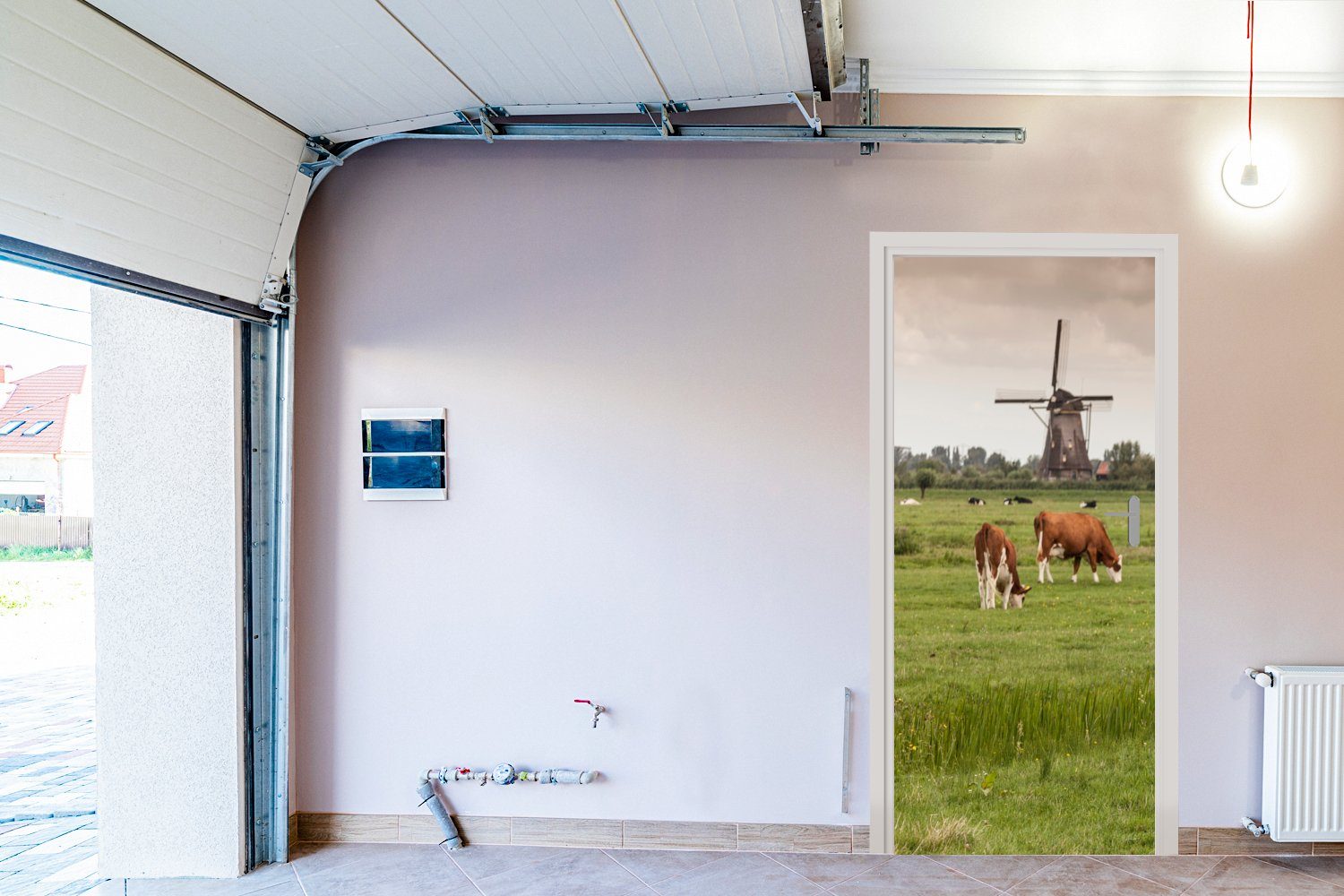 MuchoWow Türtapete St), Mühle Fototapete (1 bedruckt, - Matt, 75x205 Kühe Tür, Türaufkleber, Niederlande, - für cm
