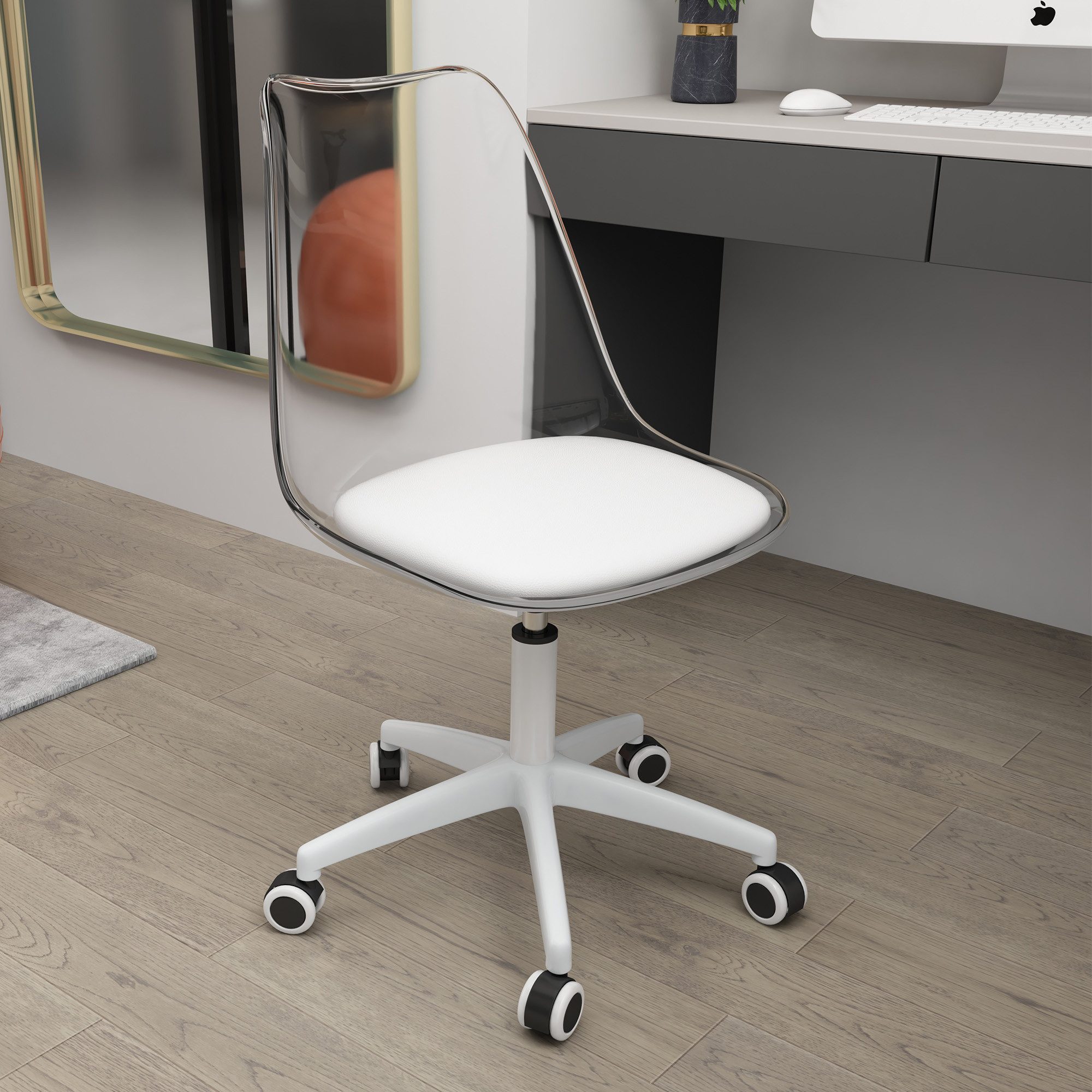 JUFU Drehstuhl mit transparenter Acryllehne, skandinavisches Minimal-Design (1 St), ergonomischer Bürostuhl mit PU-Polster, höhenverstellbar