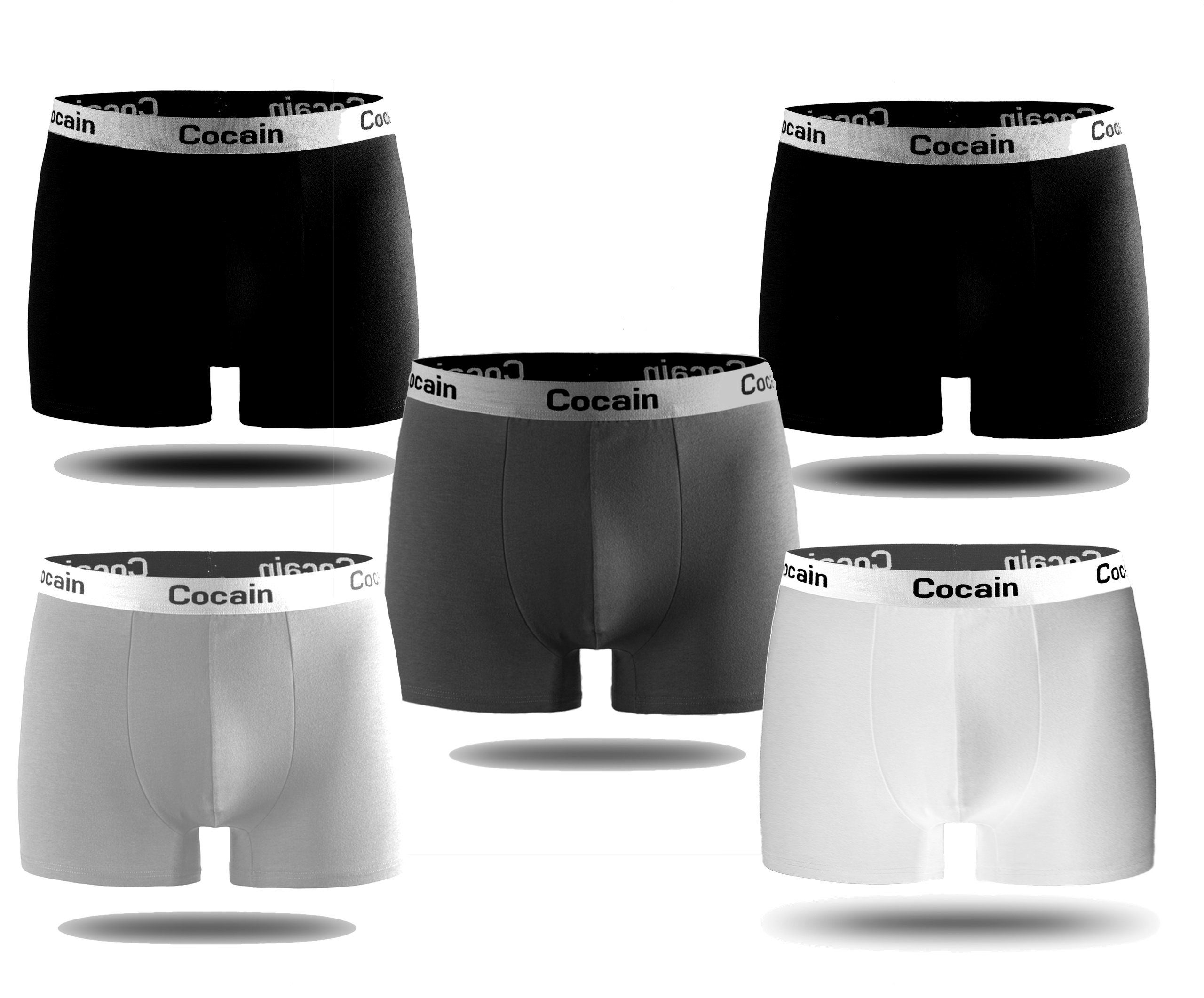 Cocain underwear Boxershorts Herren Boxershorts Logoschriftzug am Bund (5-St., 5er-Pack) Spitzenqualität aus Europa weiss - schwarz - grau