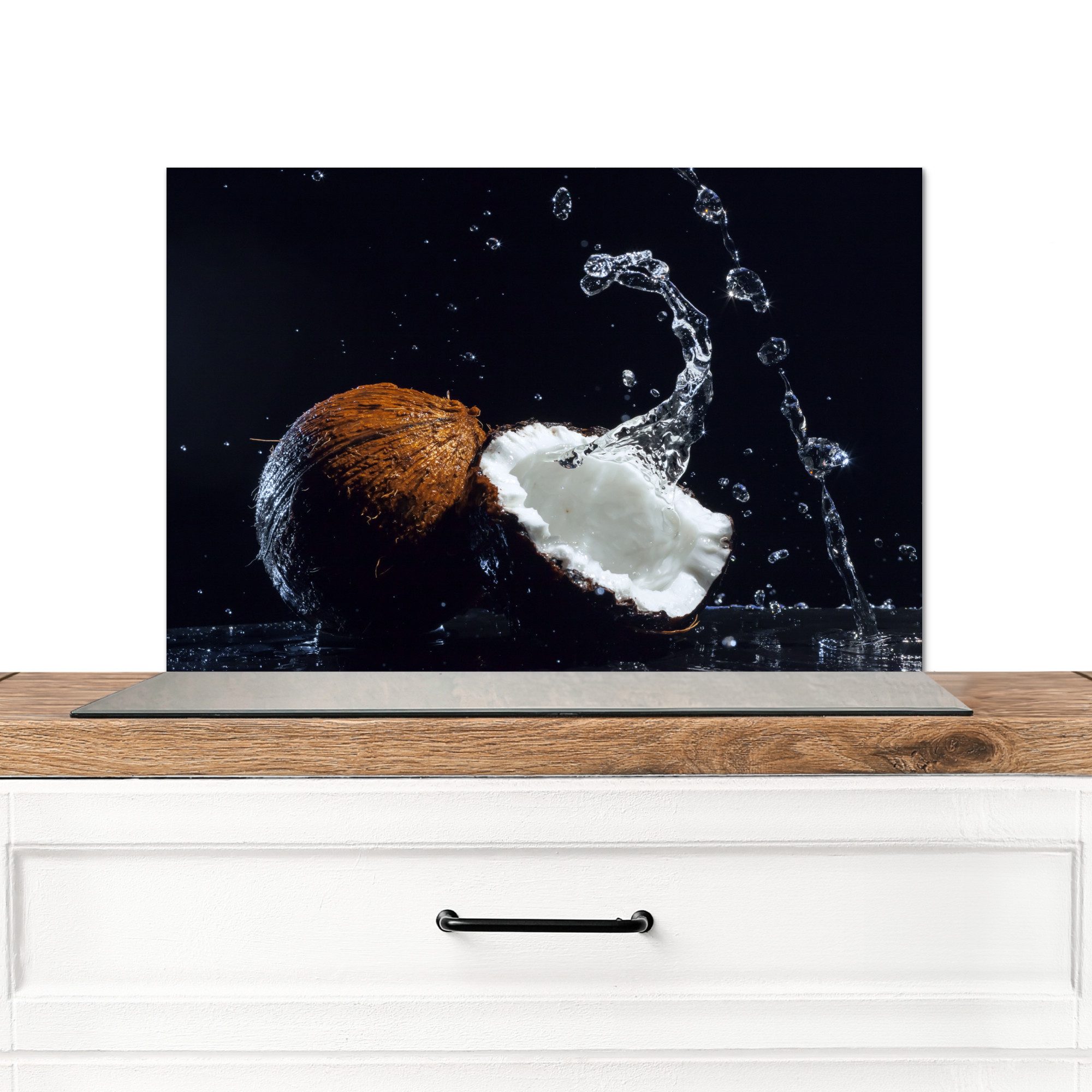 MuchoWow Küchenrückwand Kokosnuss - Stilleben - Wasser - Schwarz - Frucht, (1-tlg), Spritzschutz Küche, Küchendeko, 60x40 cm