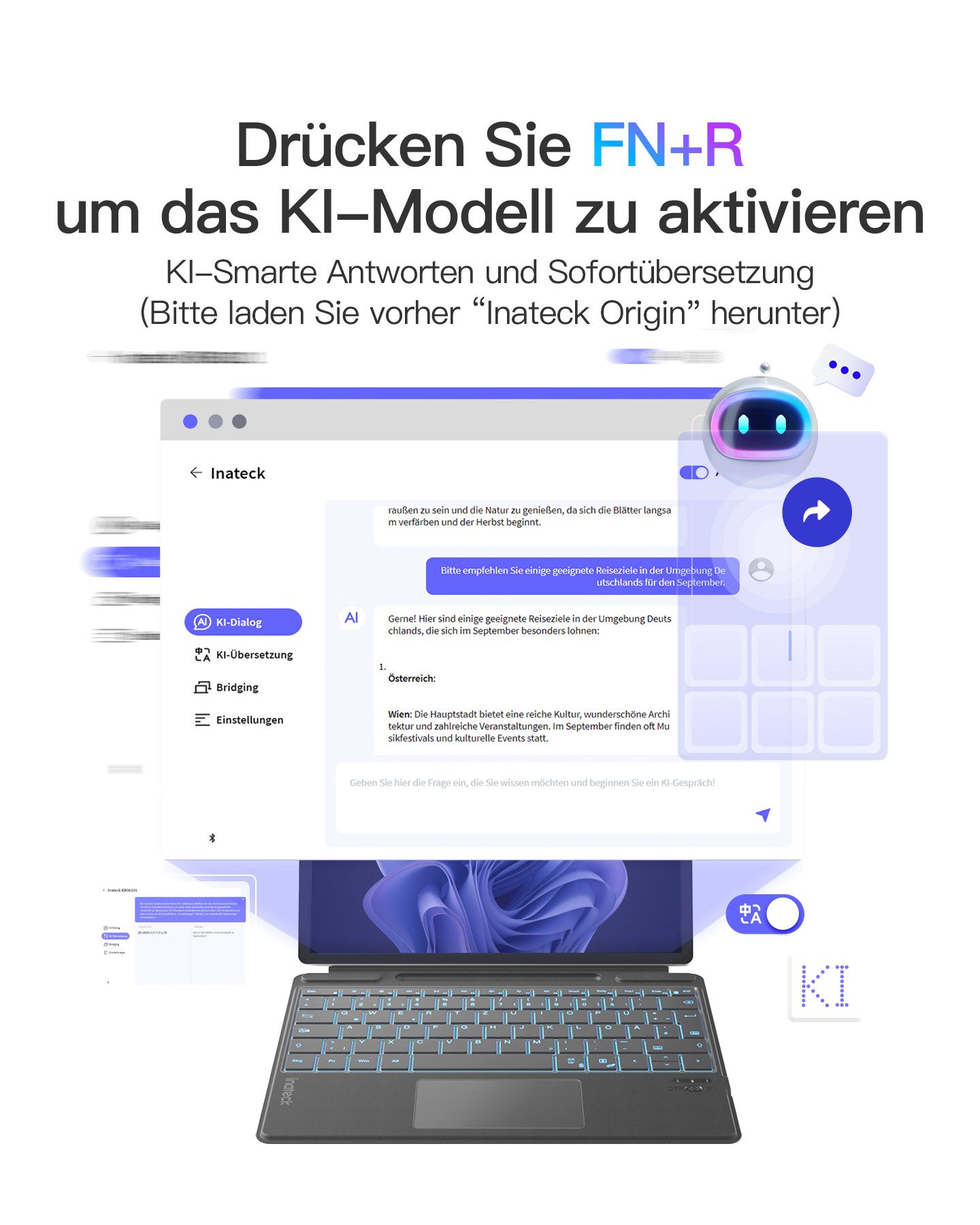 Inateck Tastatur für Surface Pro 12(13)/11/10, AI-Funktion,mit Touchpad Tablet-Tastatur (für Surface Pro 9/8/X (1./2./3. Generation)