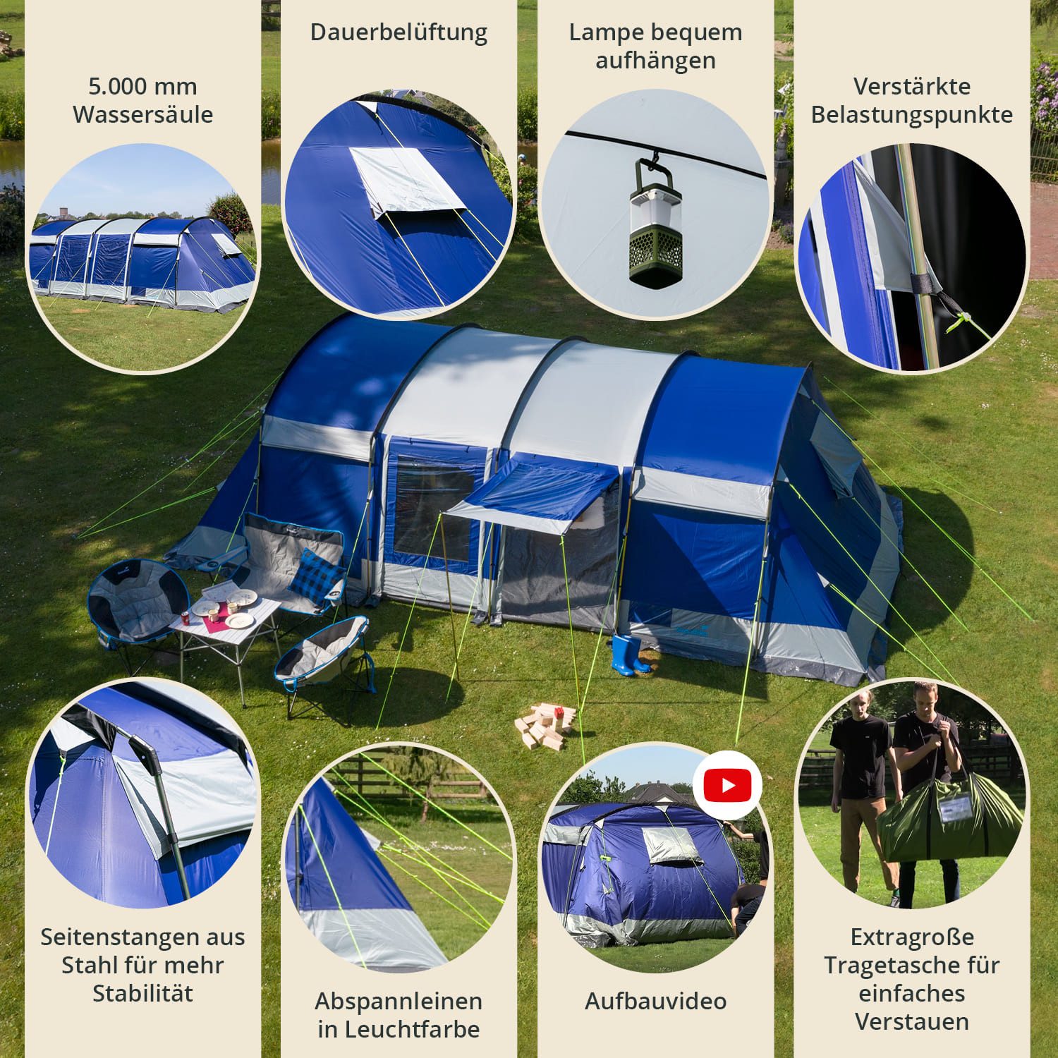 Skandika Tunnelzelt Montana 8 Sleeper, Familienzelt mit 3-4 nachtschwarzen Schlafkabinen, Personen: 8 (Sleeper Technologie, Organizer-Taschen, Haken für Zeltlam – Bild 5 von 5