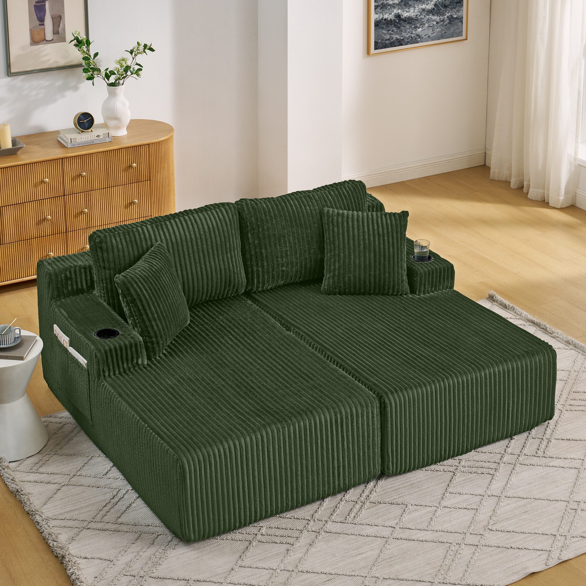 OKWISH Schlafsofa 2-Sitzer Sofa aus weichem Kordstoff mit Schlaffunktion, Mit Getränkehalter & seitlicher Magazintasche 1 Teile, Grün, inkl. Kissen für Wohnzimmer & Gästezimmer