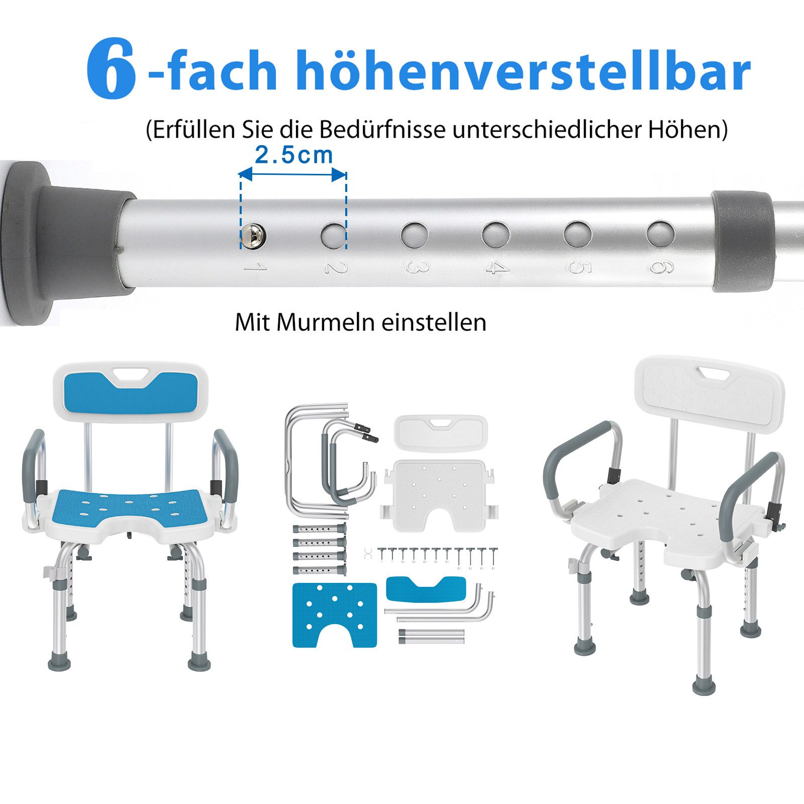 FIVMEN Duschstuhl Duschhocker mit Abnehmbarer Rückenlehne und Armlehne, rutschfest, Duschstühle, Duschhocker höhenverstellbar Mit Handlauf Rückenlehne
