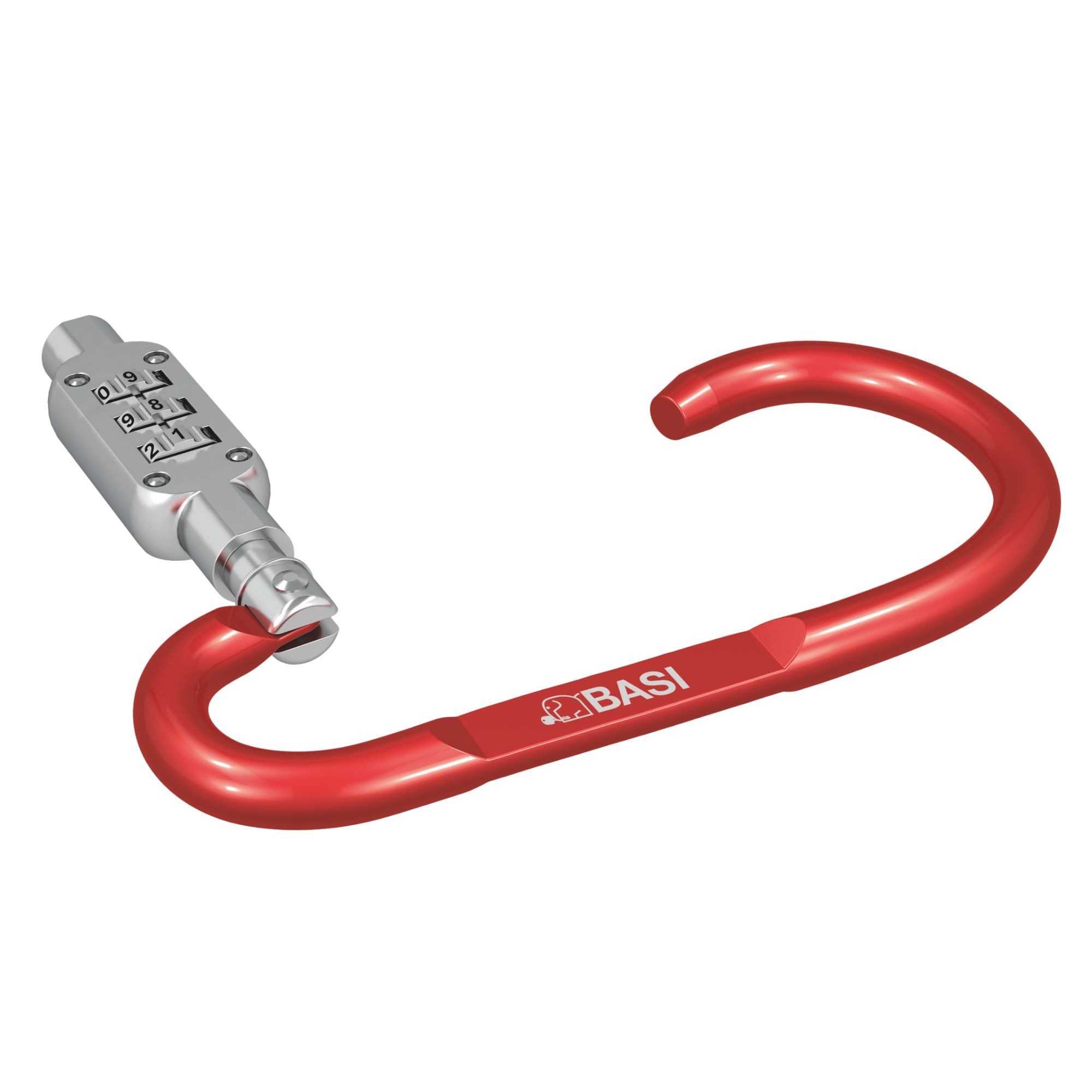 BASI Gürtelhalter Karabinerhaken aus Aluminium L9,5 x B4,5 x H0,6 cm, mit einstellbarer 3-stelliger Zahlenkombination, Farbe Rot
