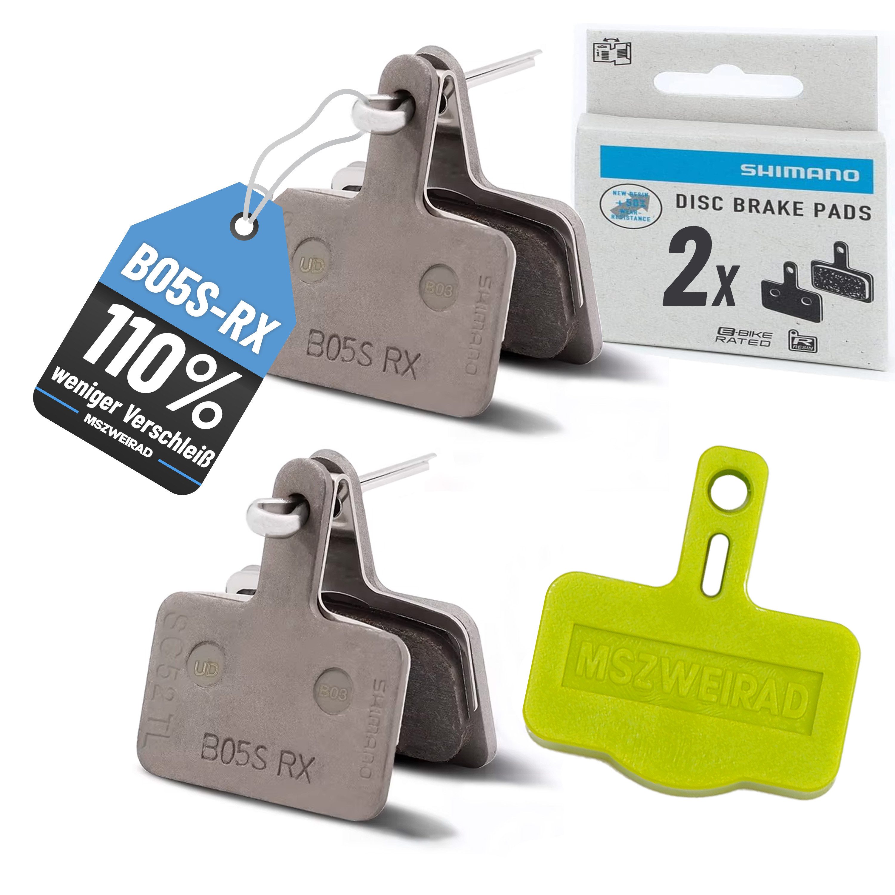 MSZweirad Bremsschuh Shimano B05S-RX Bremsbeläge Resin inkl. MSZweirad Bleed Block, Shimano B05S-RX Bremsbeläge Resin Blister