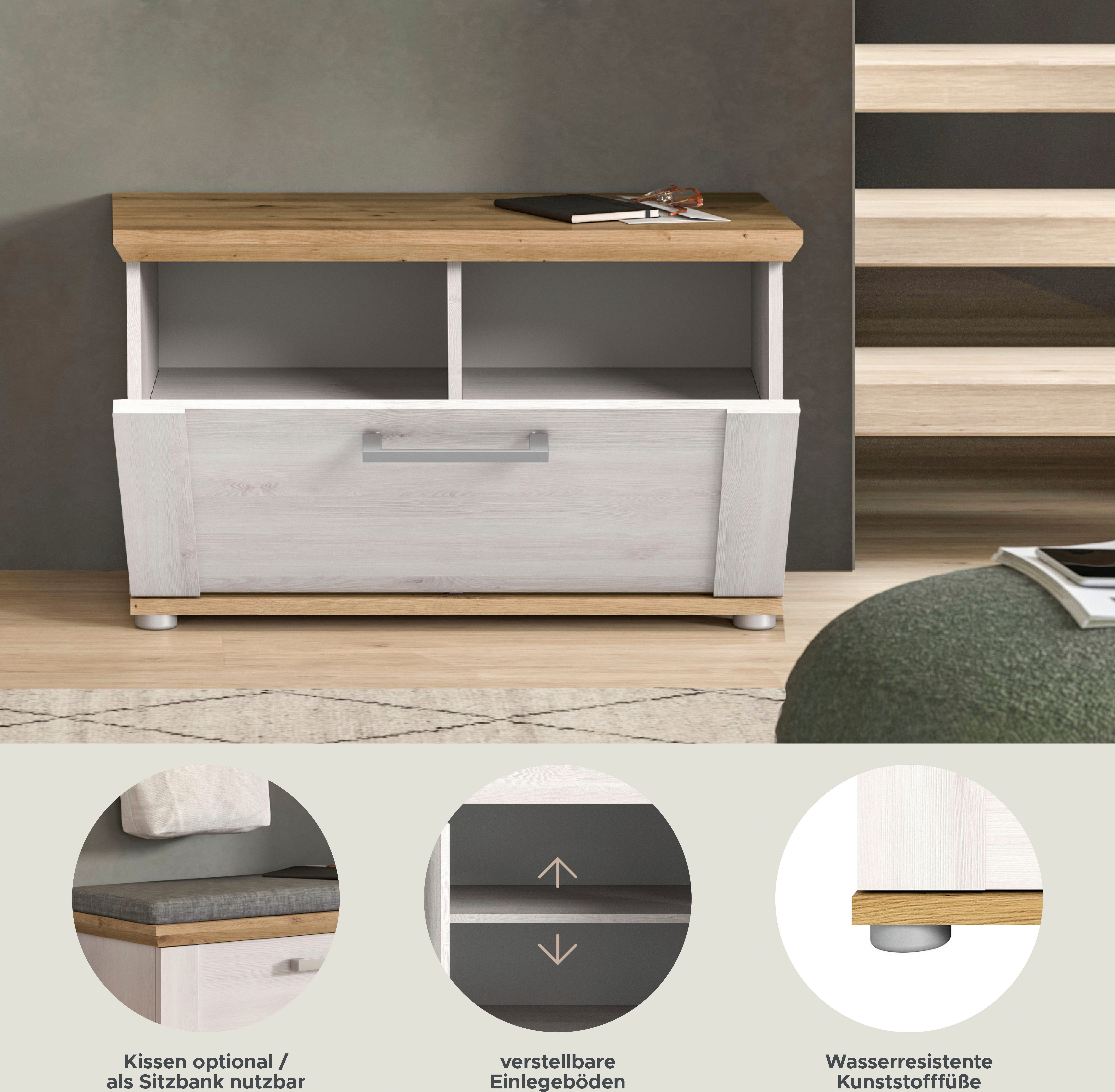 Home affaire Sitzbank COSENZA, Breite 80 cm, 1 Klappe, 2 Einlegeböden, 2-farbig, in Landhausoptik, Bank, Schuhbank, Garderobenbank, Dielenbank