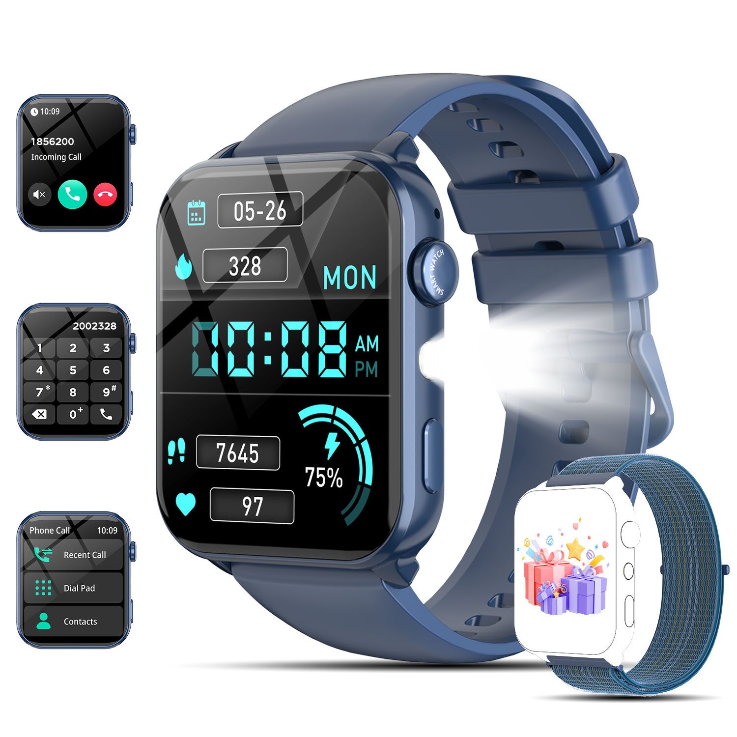 blackview Smartwatch Herren Damen, LED-Leuchte, 350mAh (6 Tage), 2 Armbänder Smartwatch (1.91 Zoll, iOS/Android), mit Wechselband aus weichemSilikon und Ladekabel, Antwort & Anruf tätigen,Herzfrequenz,Schlafmonitor,SpO2,Schritten,IP68
