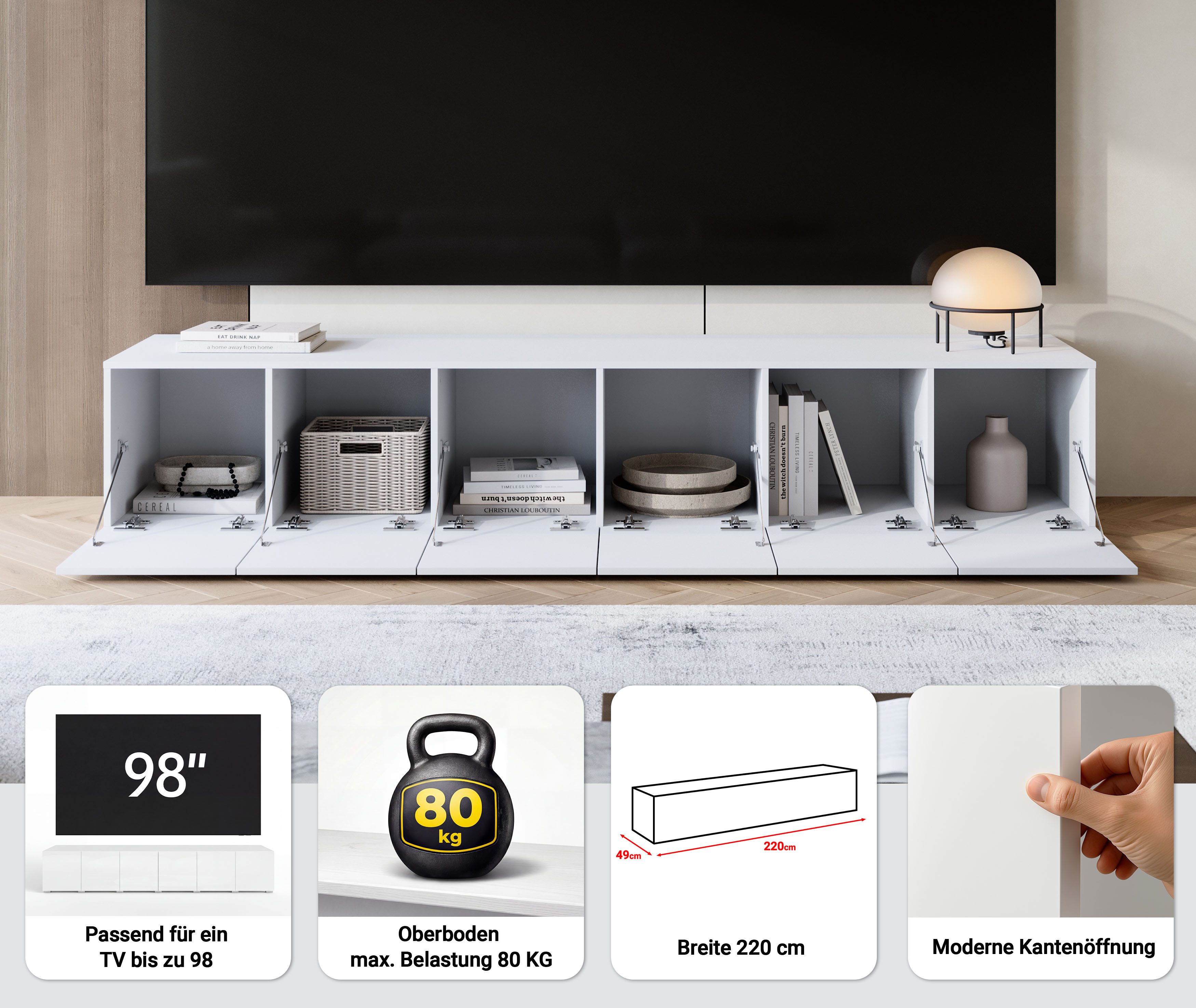 OTTO home Lowboard Denver Erlebe die Weltmeisterschaft im XXL-Format (1 St), Elegantes TV-Möbel 220 cm, speziell für bis zu 98-Zoll Fernseher